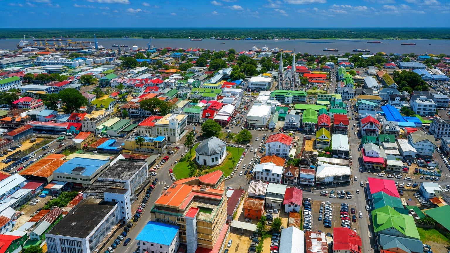 Aerial view of Paramaribo's colorful colonial rooftops and cathedral spires along the Suriname River.