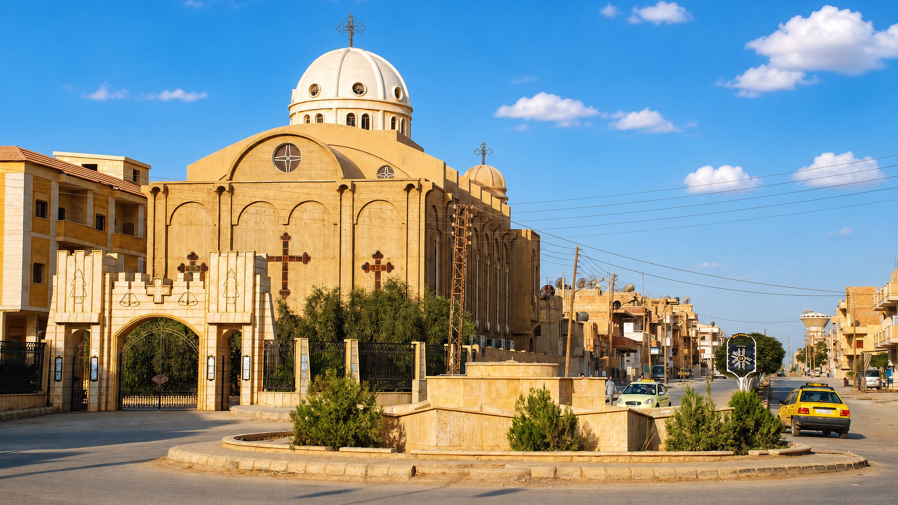 Domed Syriac church with stone facade on a roundabout in Al-Hasakah, Syria, with sandstone streets beyond.