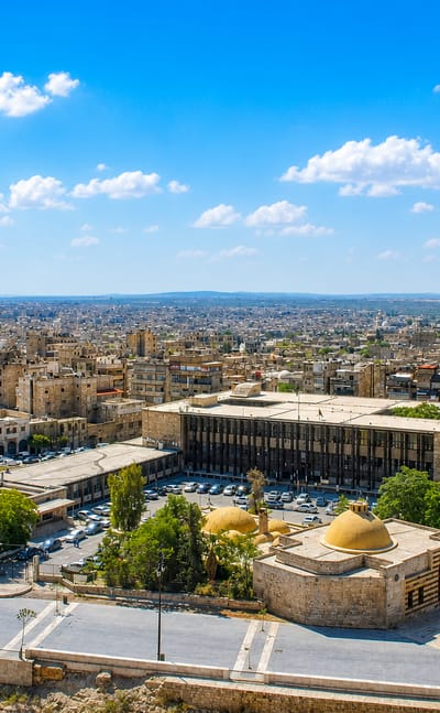 Aerial daytime view over Aleppo's stone old city, with domes, dense low-rise rooftops and palm trees under a blue sky.