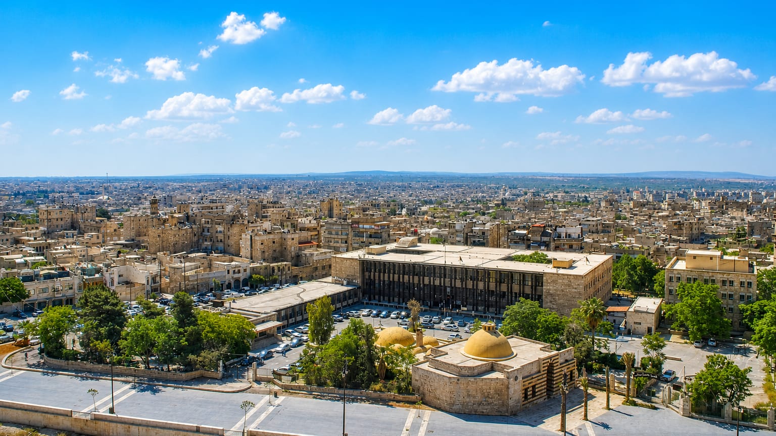 Aerial daytime view over Aleppo's stone old city, with domes, dense low-rise rooftops and palm trees under a blue sky.