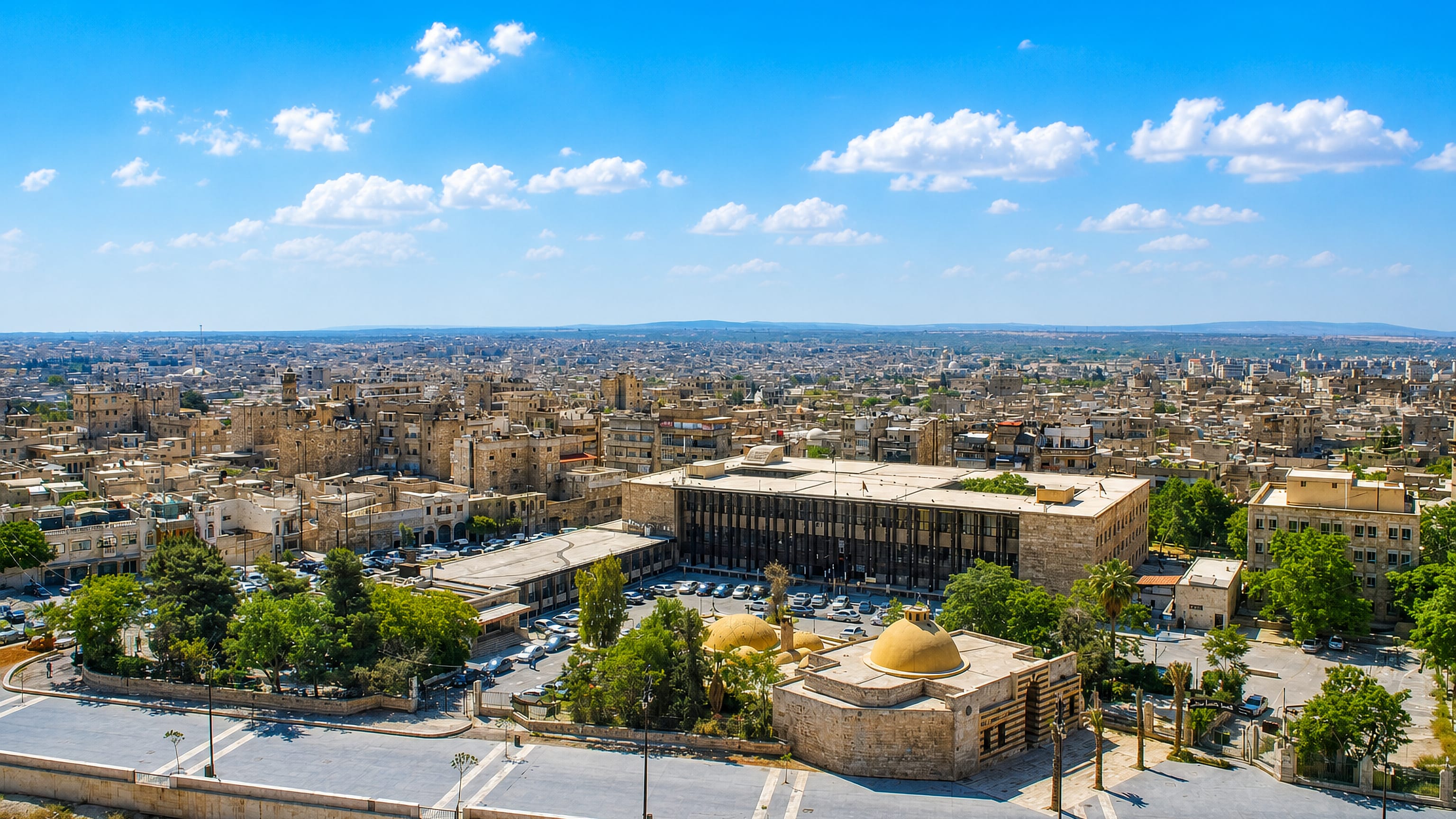 Aerial daytime view over Aleppo's stone old city, with domes, dense low-rise rooftops and palm trees under a blue sky.