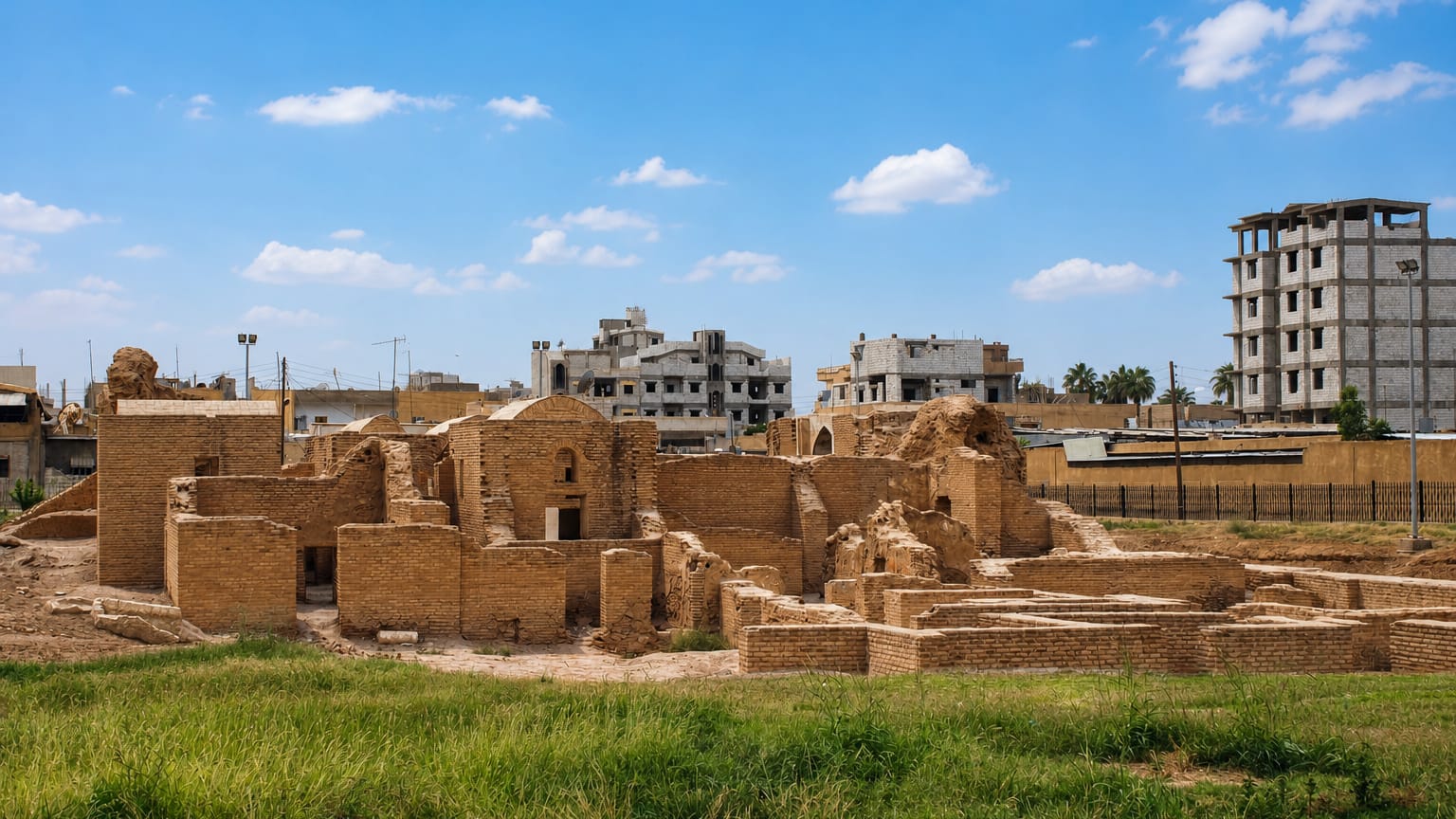 Ancient brick ruins beside modern apartment blocks in Ar-Raqqah under a bright sky.