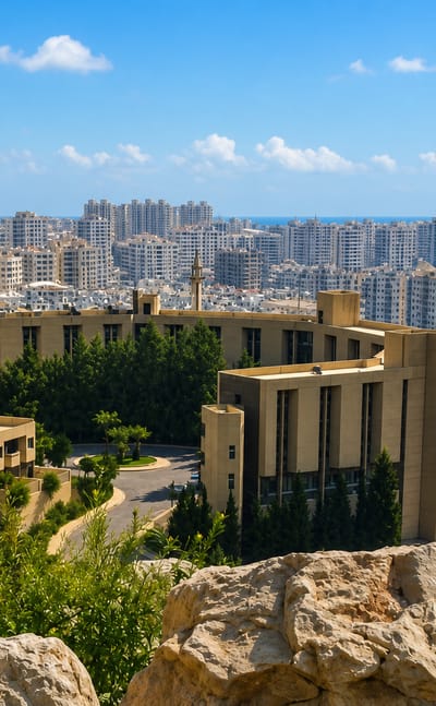 Hillside view over modern beige apartment blocks and a minaret in the Barza district of Damascus under a blue sky