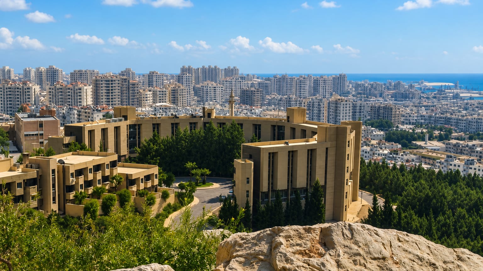 Hillside view over modern beige apartment blocks and a minaret in the Barza district of Damascus under a blue sky