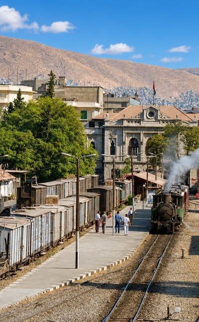 Historic Damascus railway station with a steam locomotive and freight cars, Mount Qasioun rising behind, in the Qanawat quarter