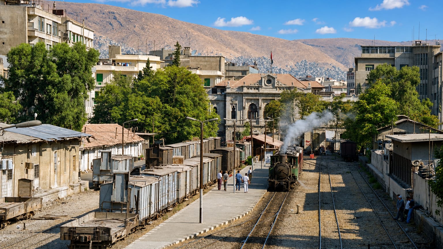 Historic Damascus railway station with a steam locomotive and freight cars, Mount Qasioun rising behind, in the Qanawat quarter