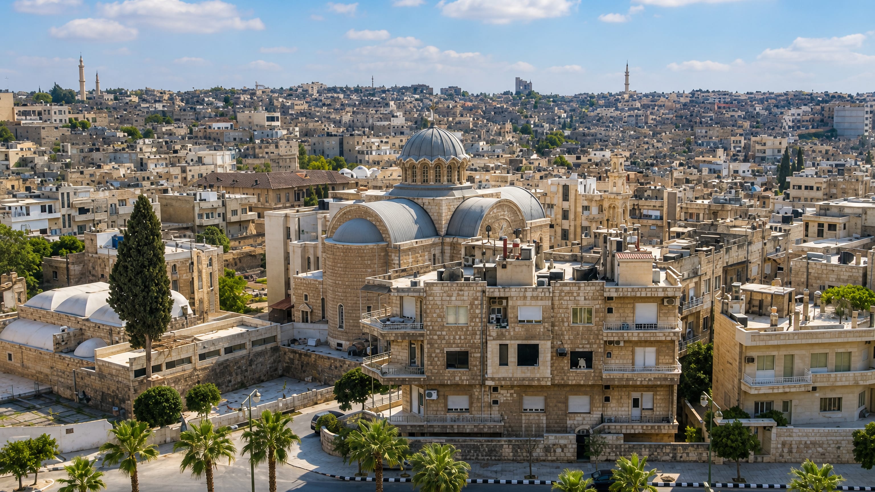 Hama's dense stone neighbourhoods, domes and minarets spreading across the hillsides of central Syria