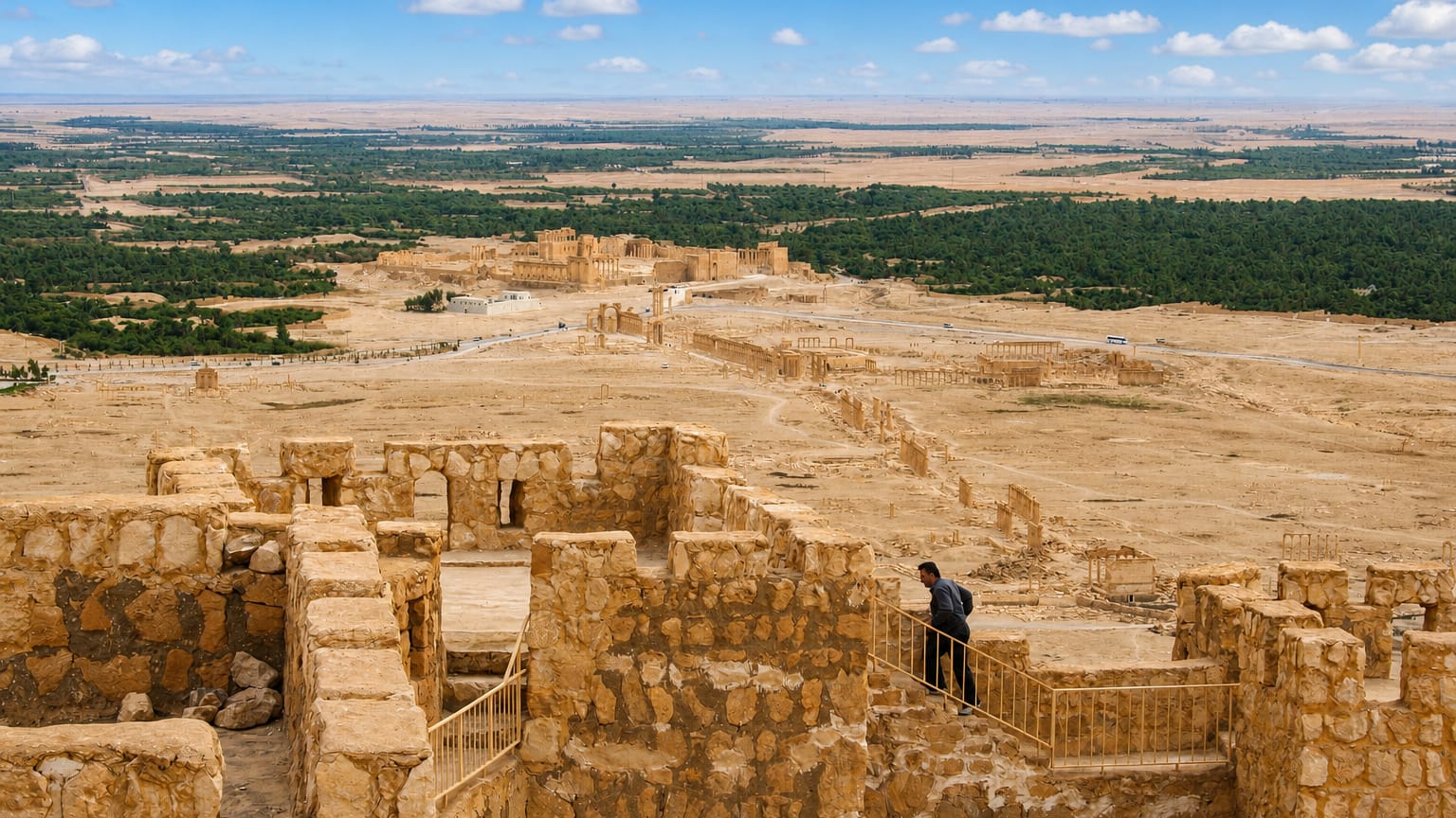 Palmyra's ancient colonnades and ruins stretching across the desert oasis below the citadel walls at Tadmur