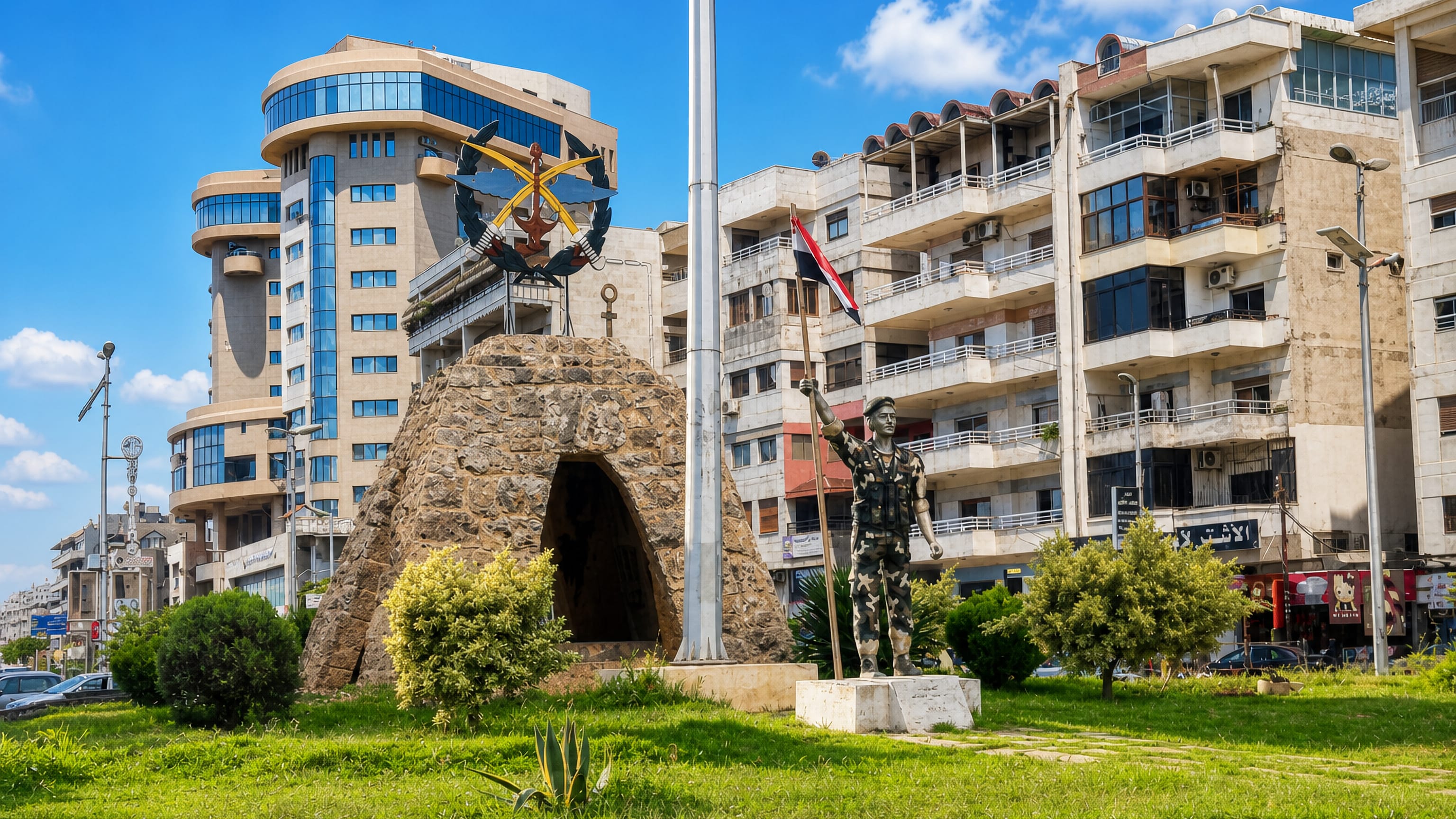 Roundabout monument with a soldier statue and Syrian flag ringed by mid-rise apartment blocks in Latakia, Syria.