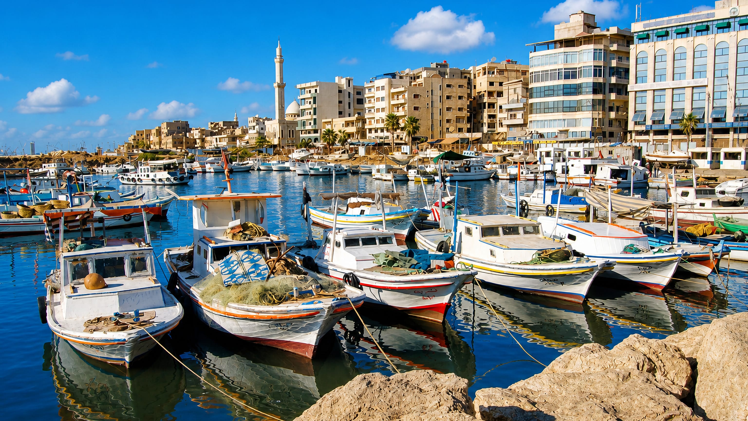 Fishing boats moored in Tartus harbour, Syria, below seafront apartment blocks and a minaret.