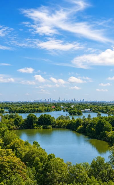 Bang Khun Thian's mangrove lakes and greenery with the distant Bangkok skyline on the horizon