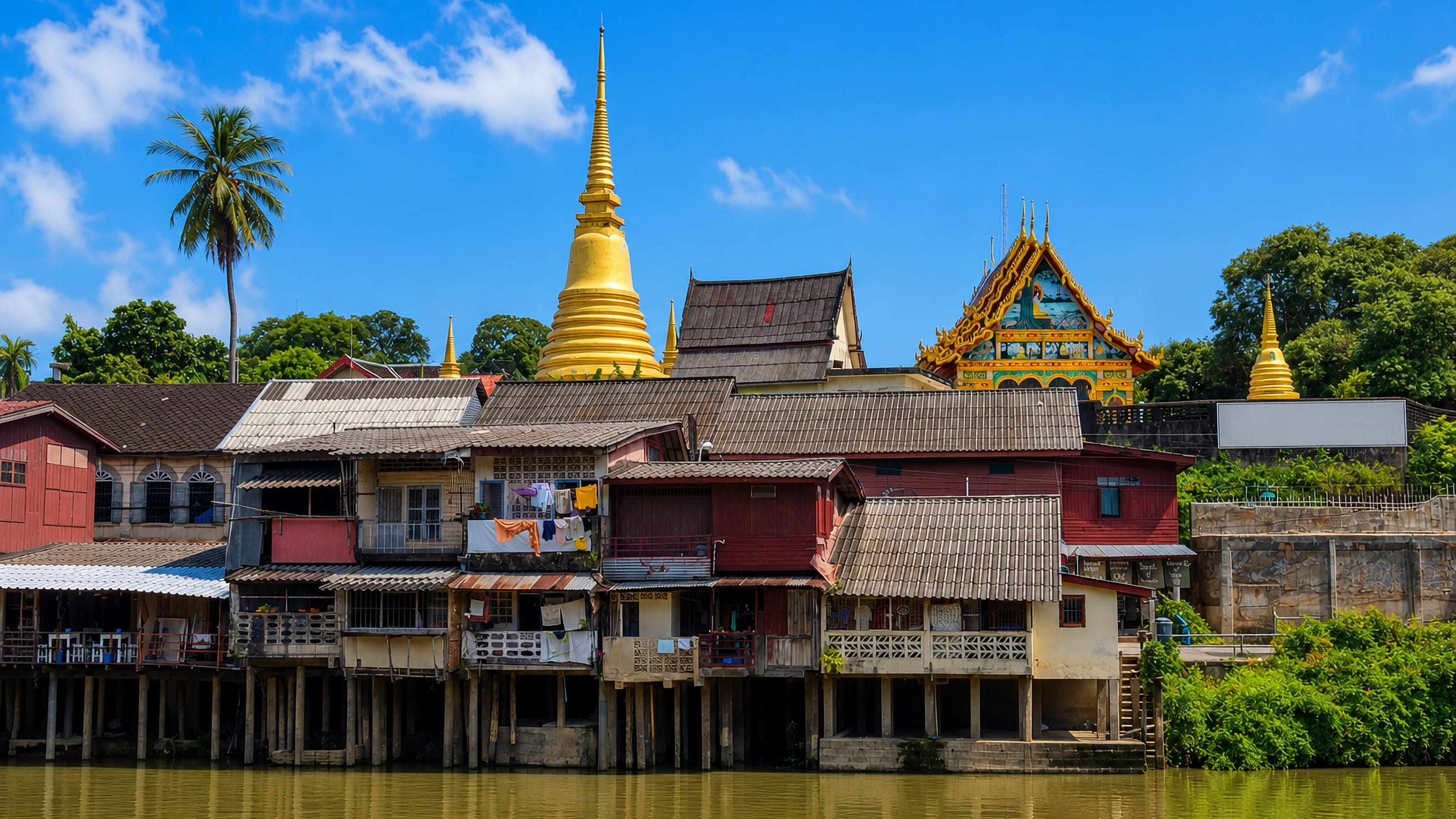Wooden stilt houses along the Chanthaburi riverfront below a golden chedi and an ornate temple gable.