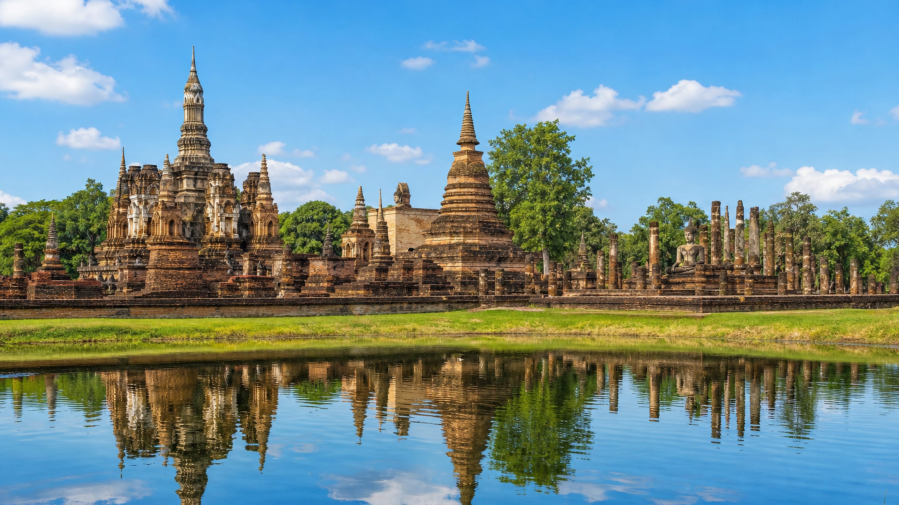 Brick temple ruins with tiered chedis mirrored in a pond at the historical park in Kamphaeng Phet.