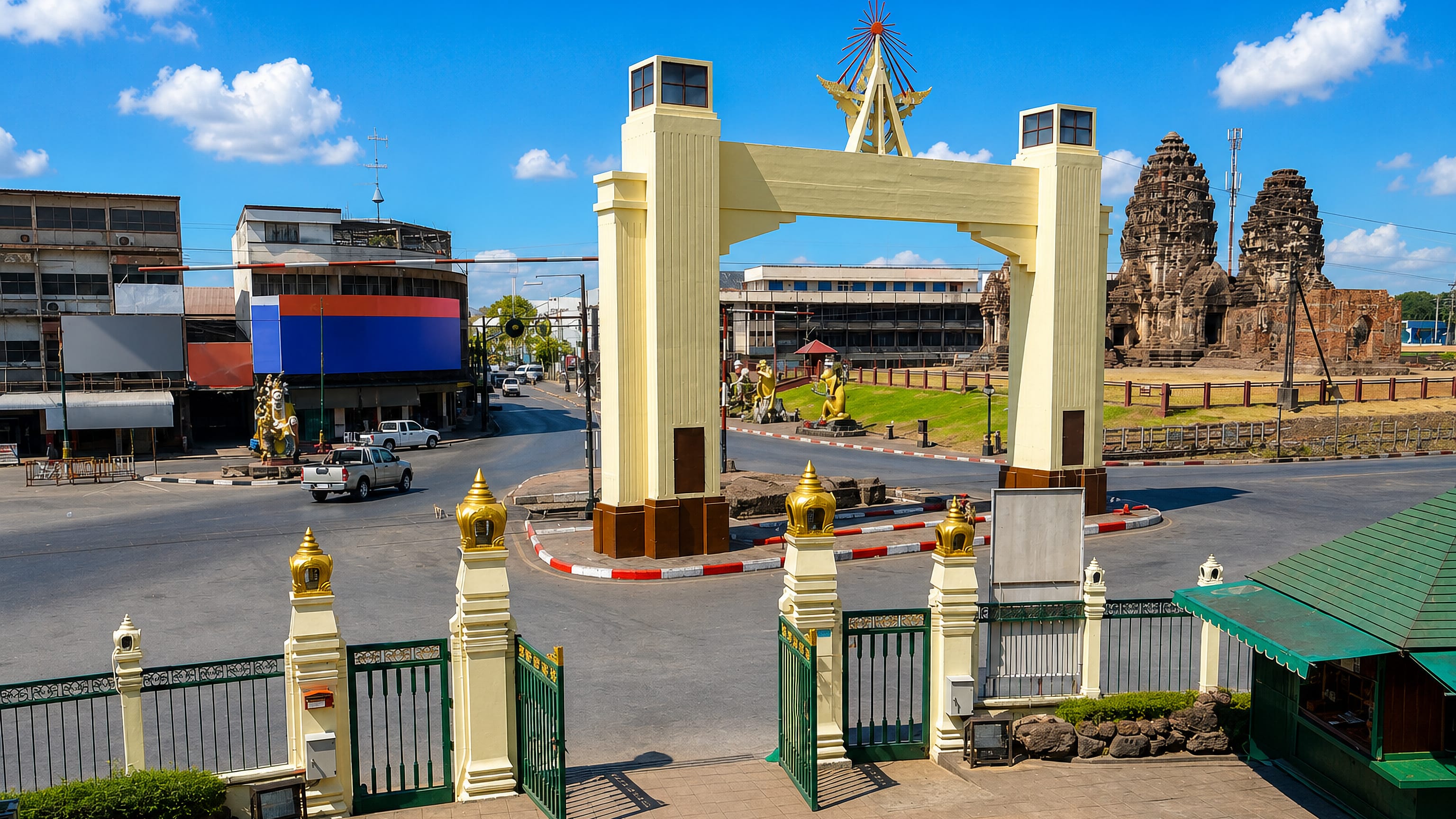 Ceremonial arch and brick Khmer prangs in the old town of Lop Buri beside a central roundabout.