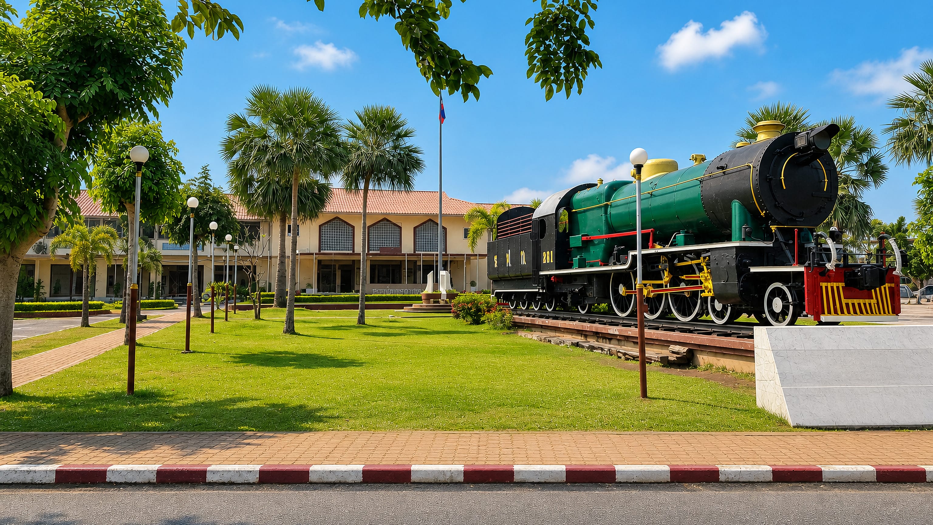Preserved green steam locomotive displayed outside a station building in Nakhon Ratchasima, Thailand
