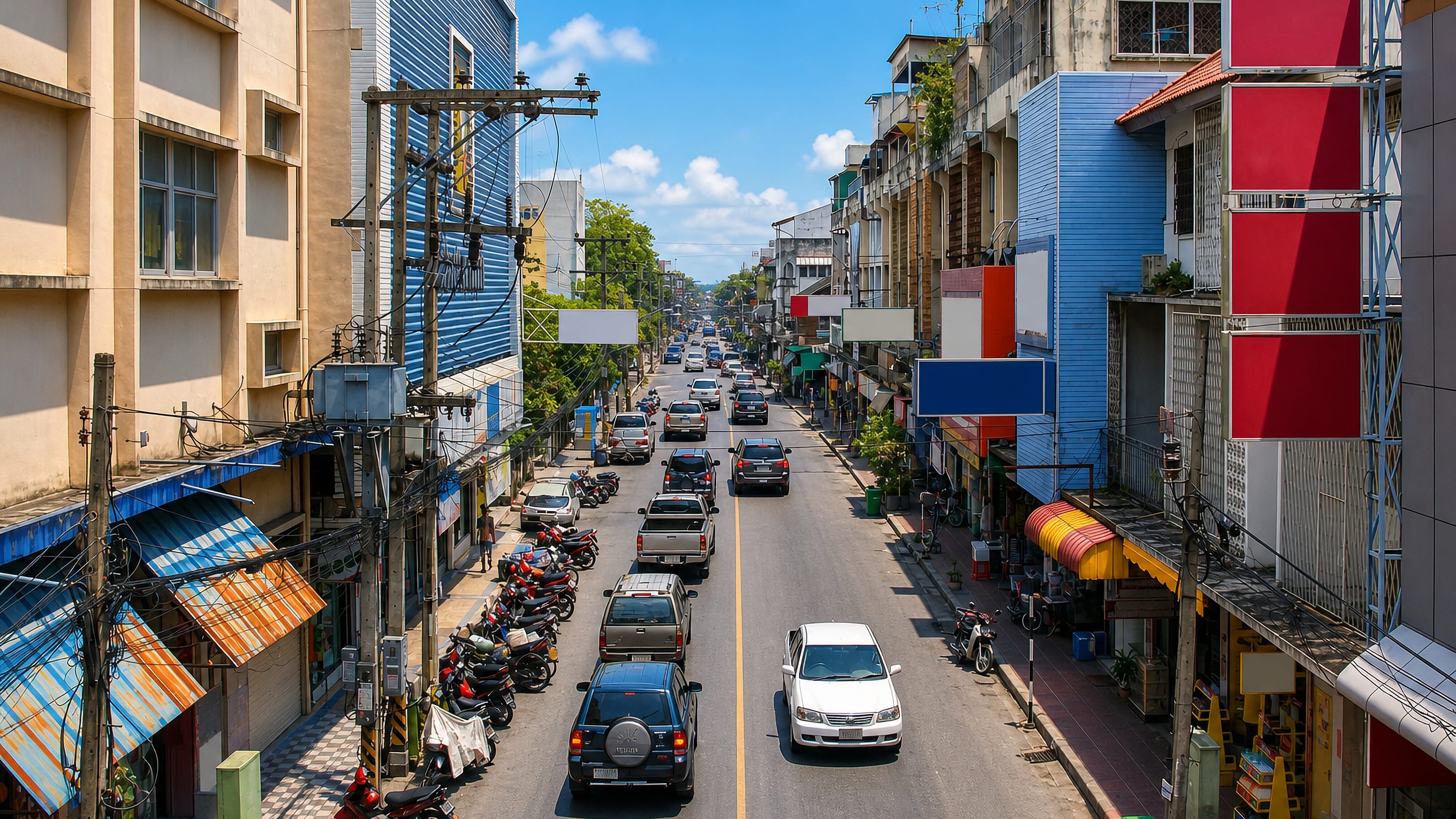 Shophouses, tangled power lines and traffic along a downtown street in Nakhon Si Thammarat, Thailand.