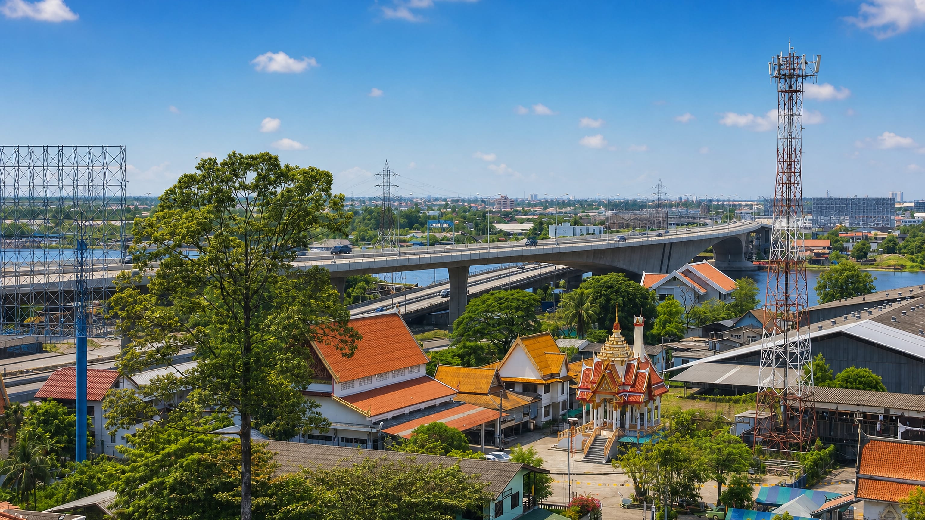 Gilded riverside temple, elevated expressway and the Chao Phraya at Mueang Nonthaburi.