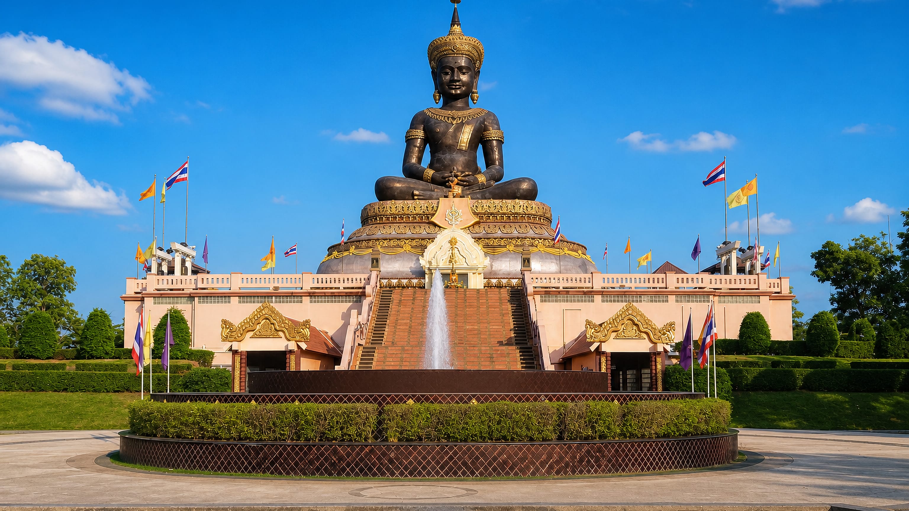 The large seated bronze Buddha of Phetchabun, Thailand, above a fountain and flag-lined terrace under blue sky.