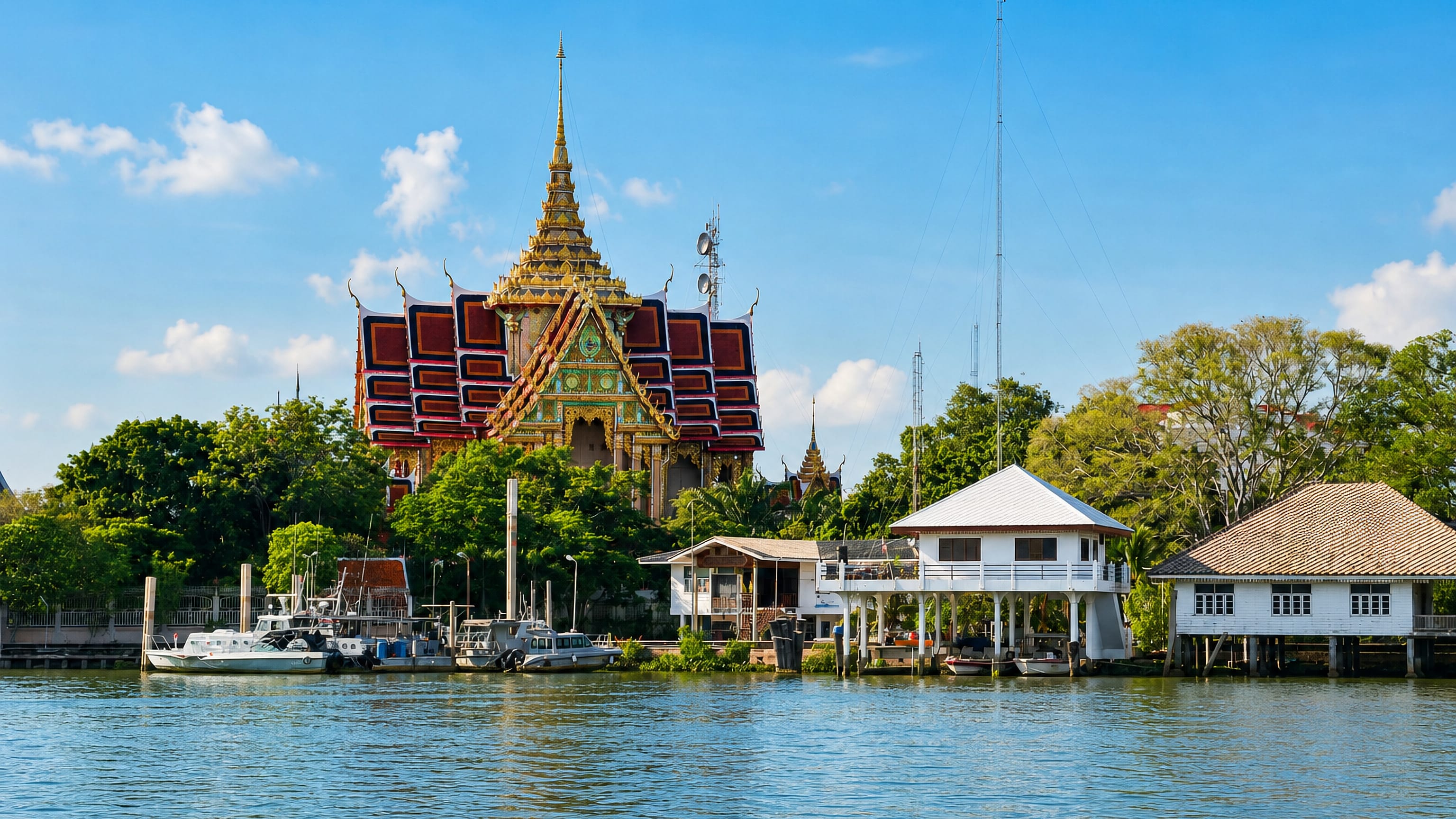 Gilded riverside temple, stilt houses and fishing boats on the Tha Chin river at Samut Sakhon