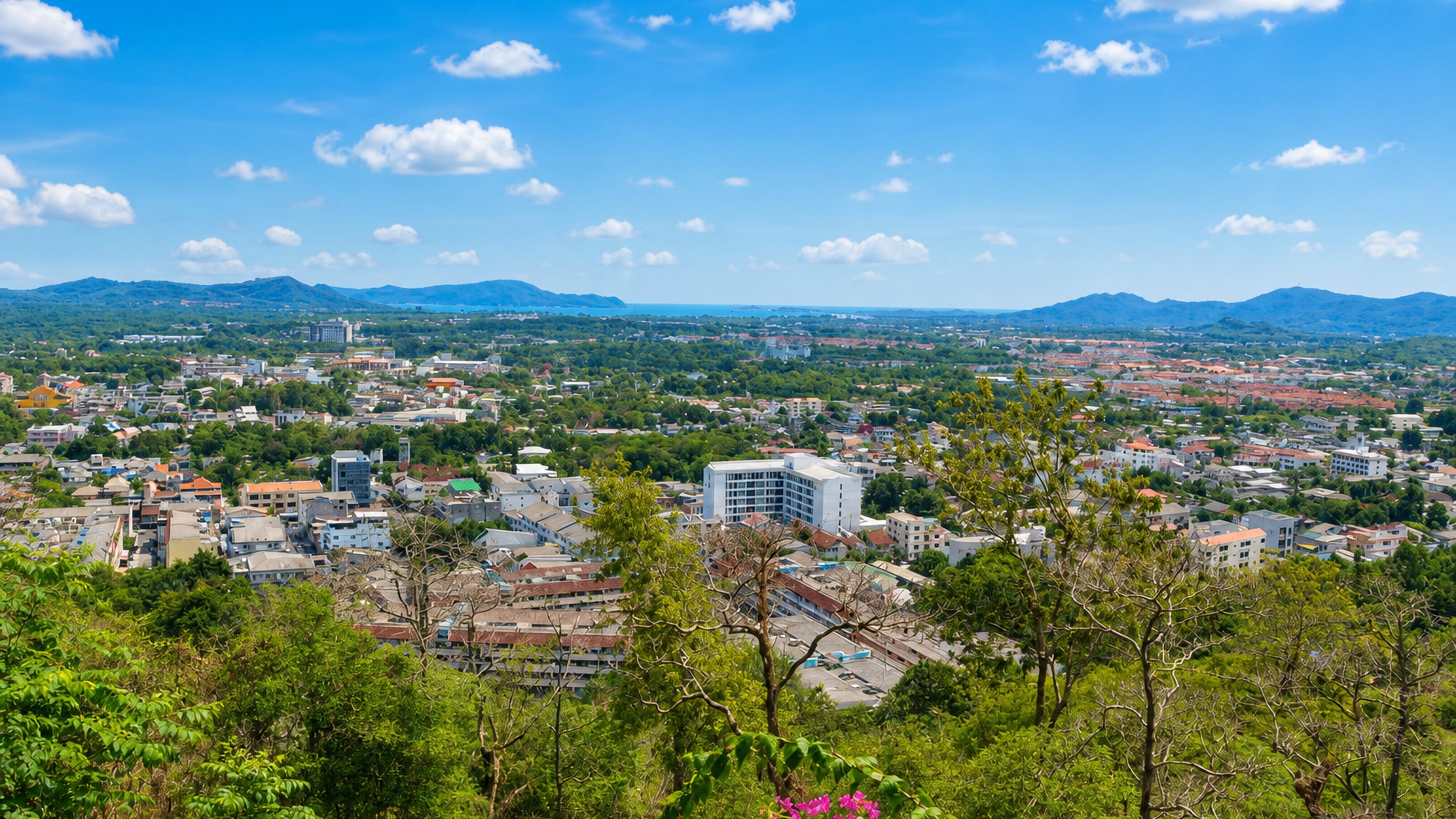 Phuket Town spreading between green hills toward the Andaman Sea, seen from a forested hillside viewpoint.