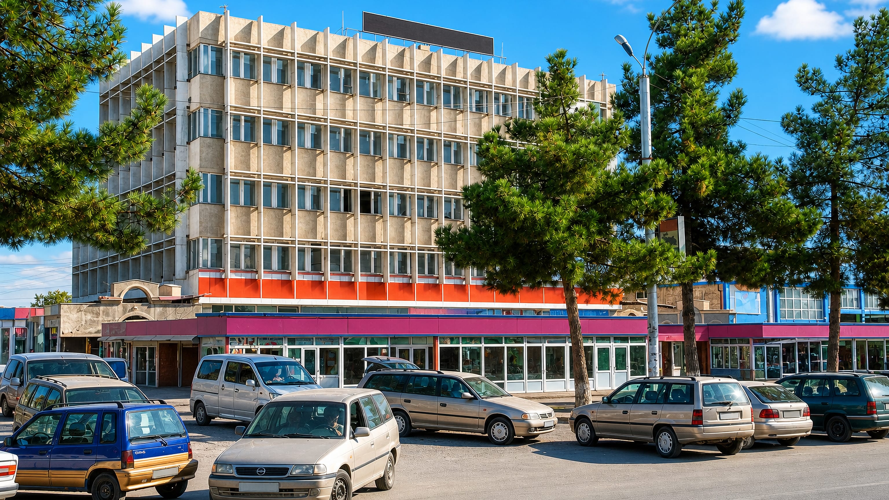 Soviet-modernist block with pink shopfronts and parked cars on a main street in Kulob, Tajikistan.
