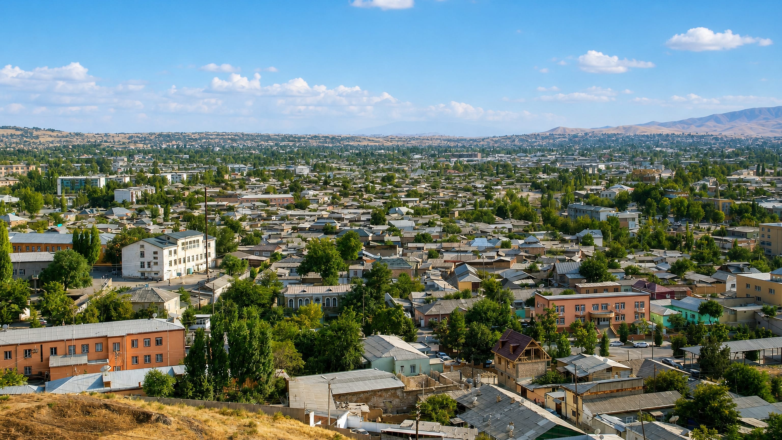 Low houses, poplars and metal roofs of Istaravshan spreading toward the hills of northern Tajikistan