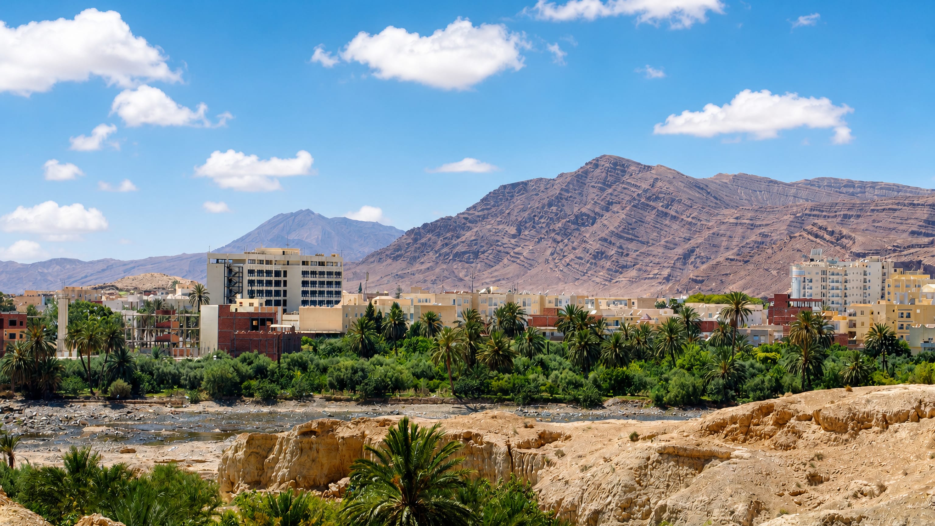 Gafsa's palm oasis and low ochre buildings below the arid mountain ridges of southwest Tunisia.