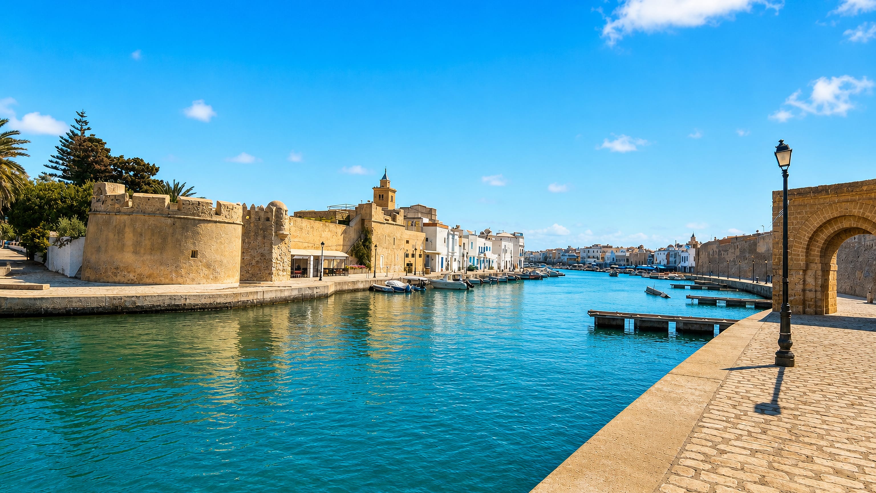 Bizerte's old port channel with kasbah walls, moored boats and blue-and-white houses, Tunisia.