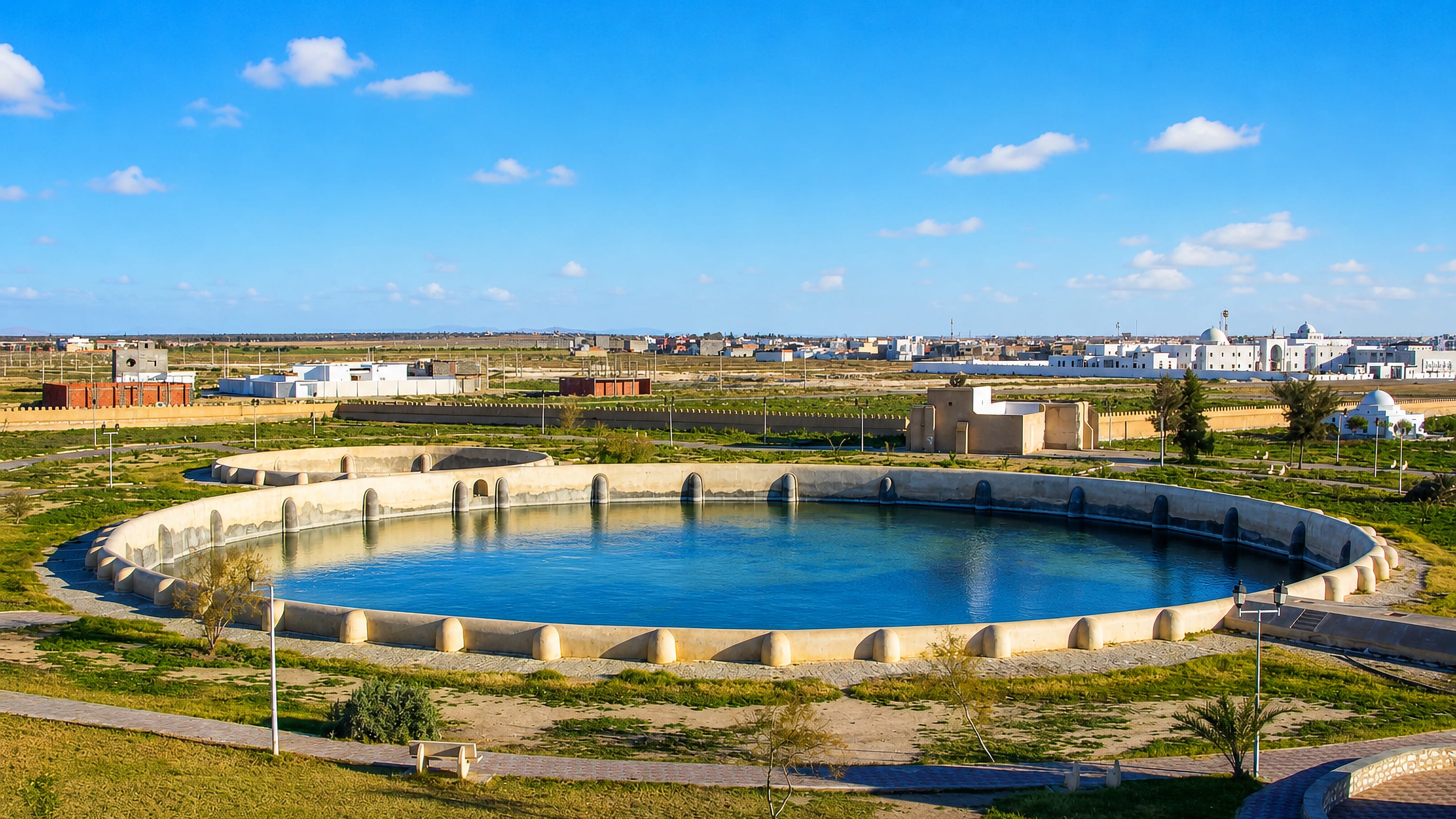 The circular Aghlabid basin at Kairouan, Tunisia, with the whitewashed domes of the holy city on the horizon.