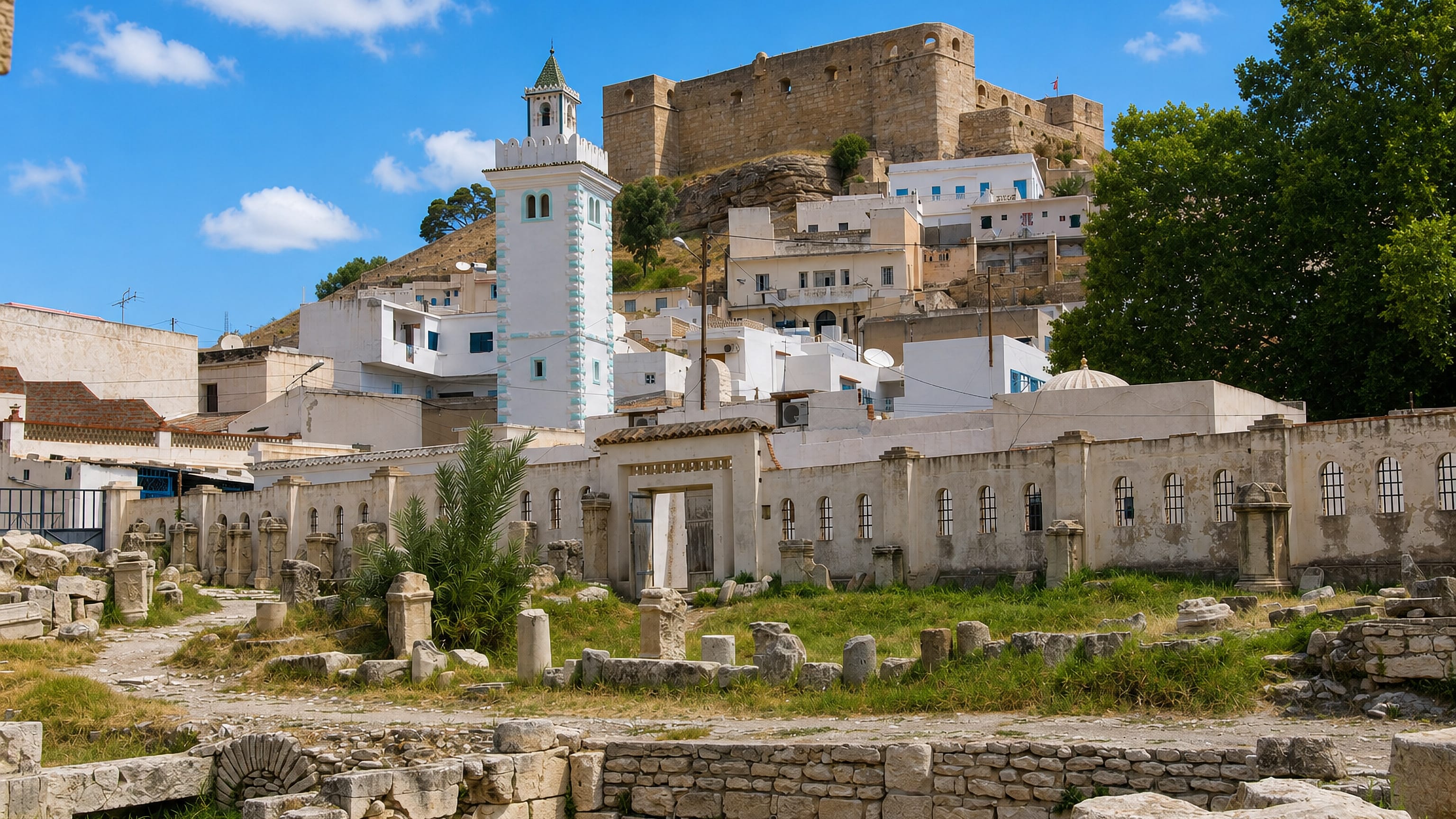 Whitewashed houses and a minaret below the hilltop kasbah of El Kef, Tunisia, with Roman ruins in front.