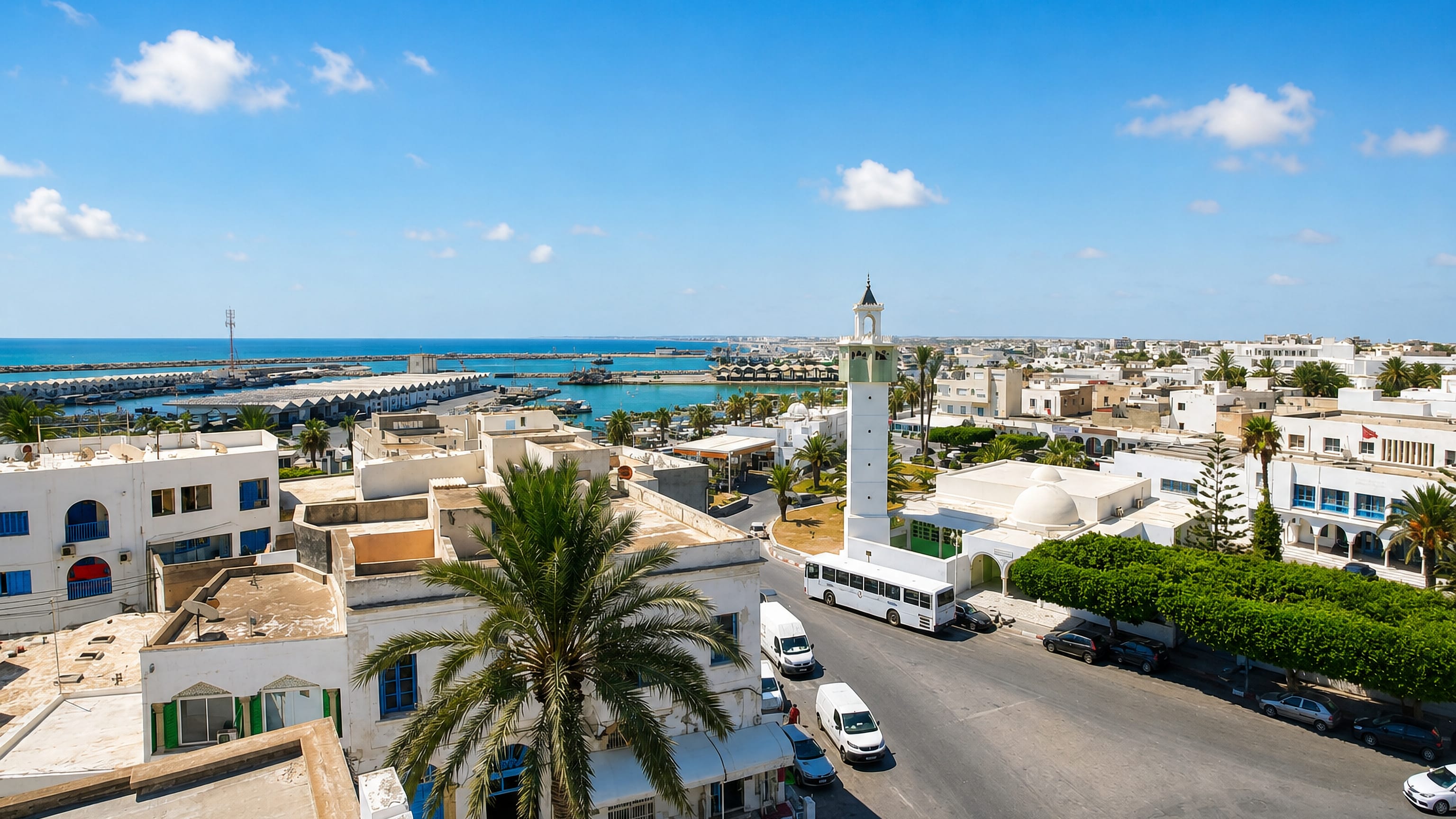 Whitewashed houses and a minaret above the fishing harbour and Mediterranean breakwaters at Mahdia, Tunisia.
