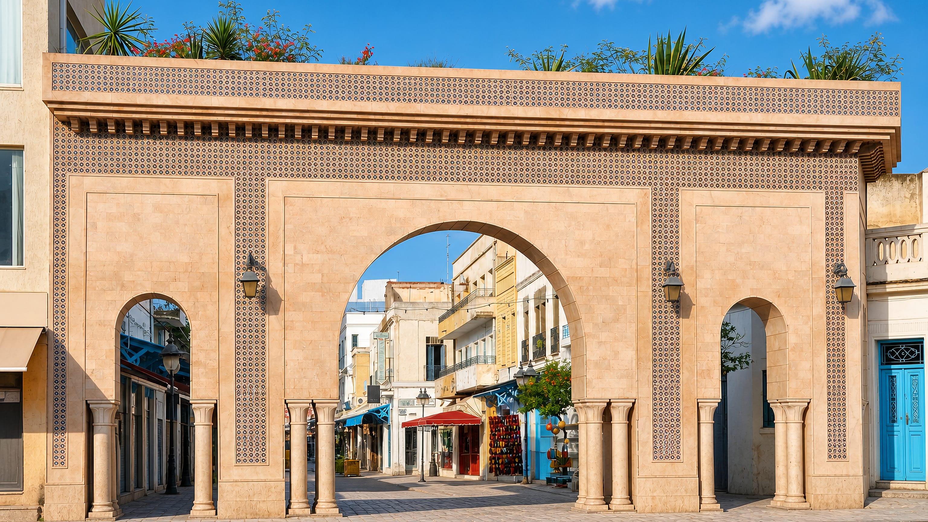 A tiled triple-arched gateway opening onto the souk street of Nabeul's medina, Tunisia.