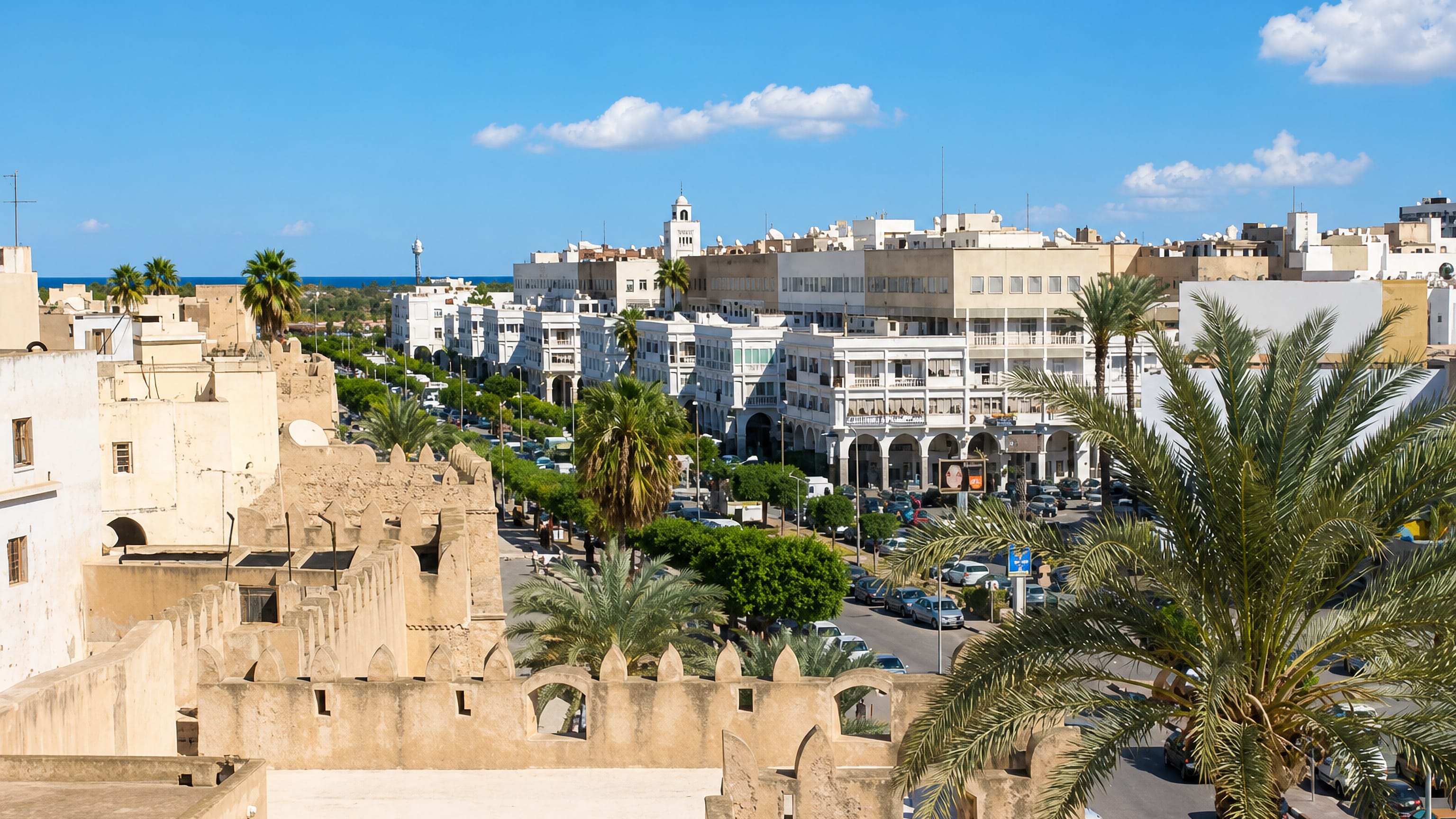 Sfax medina ramparts in the foreground with the white arcaded avenue and Mediterranean horizon beyond, Tunisia.