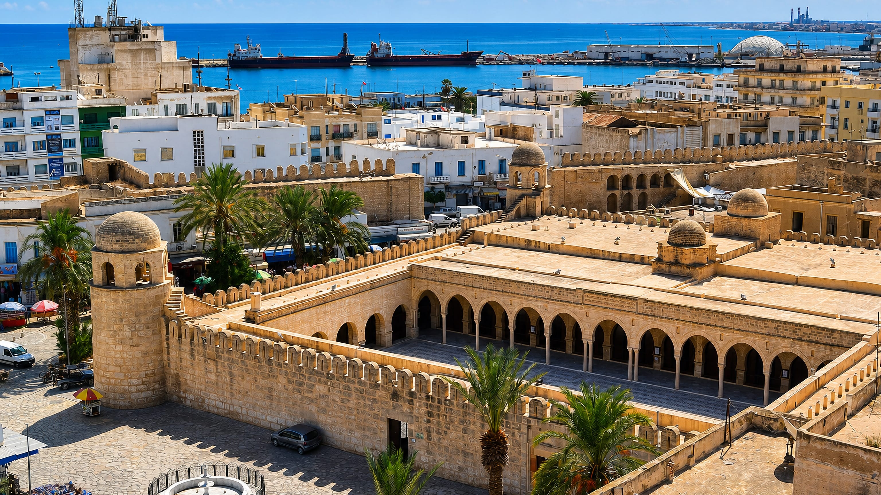 Aerial view over the Great Mosque and medina ramparts of Sousse, Tunisia, with cargo ships in the port beyond.