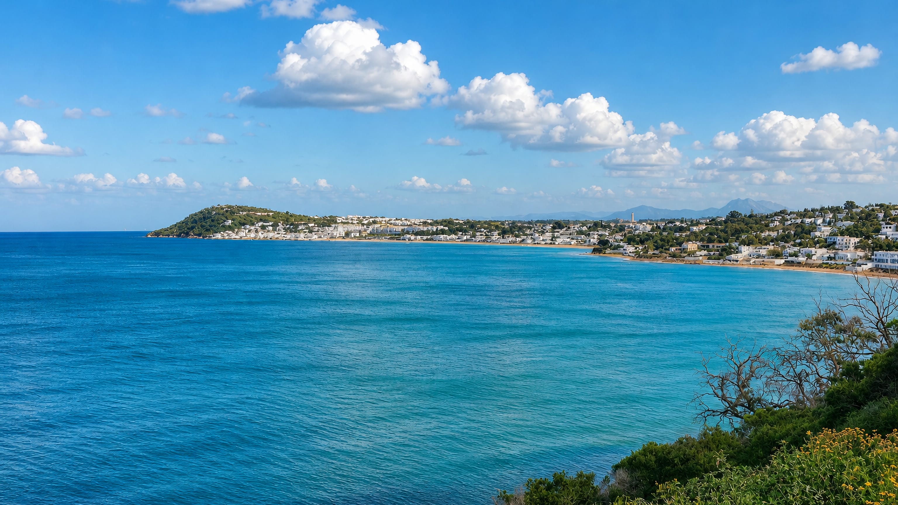 Turquoise bay curving past white houses and a green headland along the La Marsa coast near Tunis.