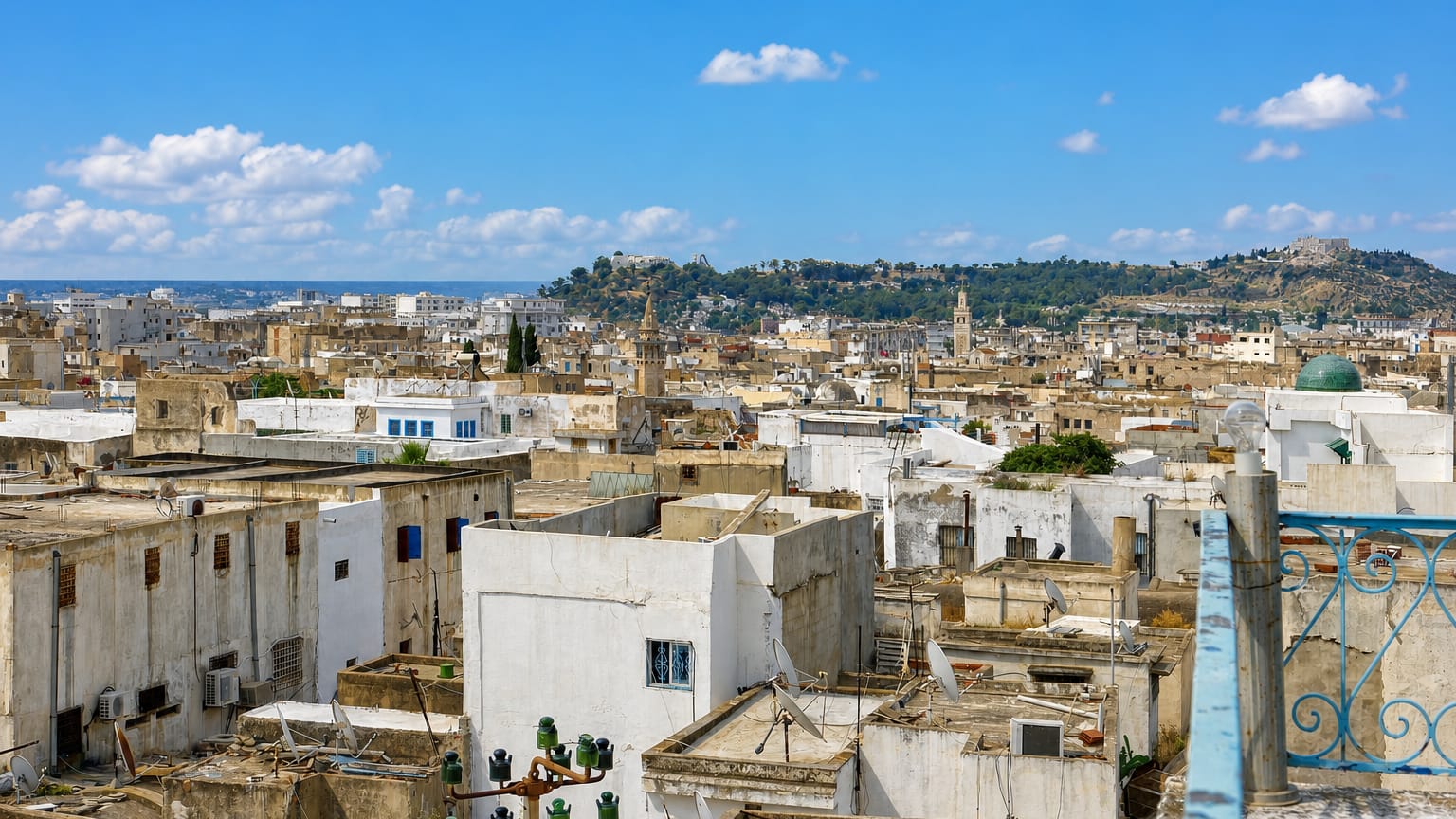 Whitewashed rooftops of the Tunis medina, Tunisia, with a distant minaret and green hillside beyond.