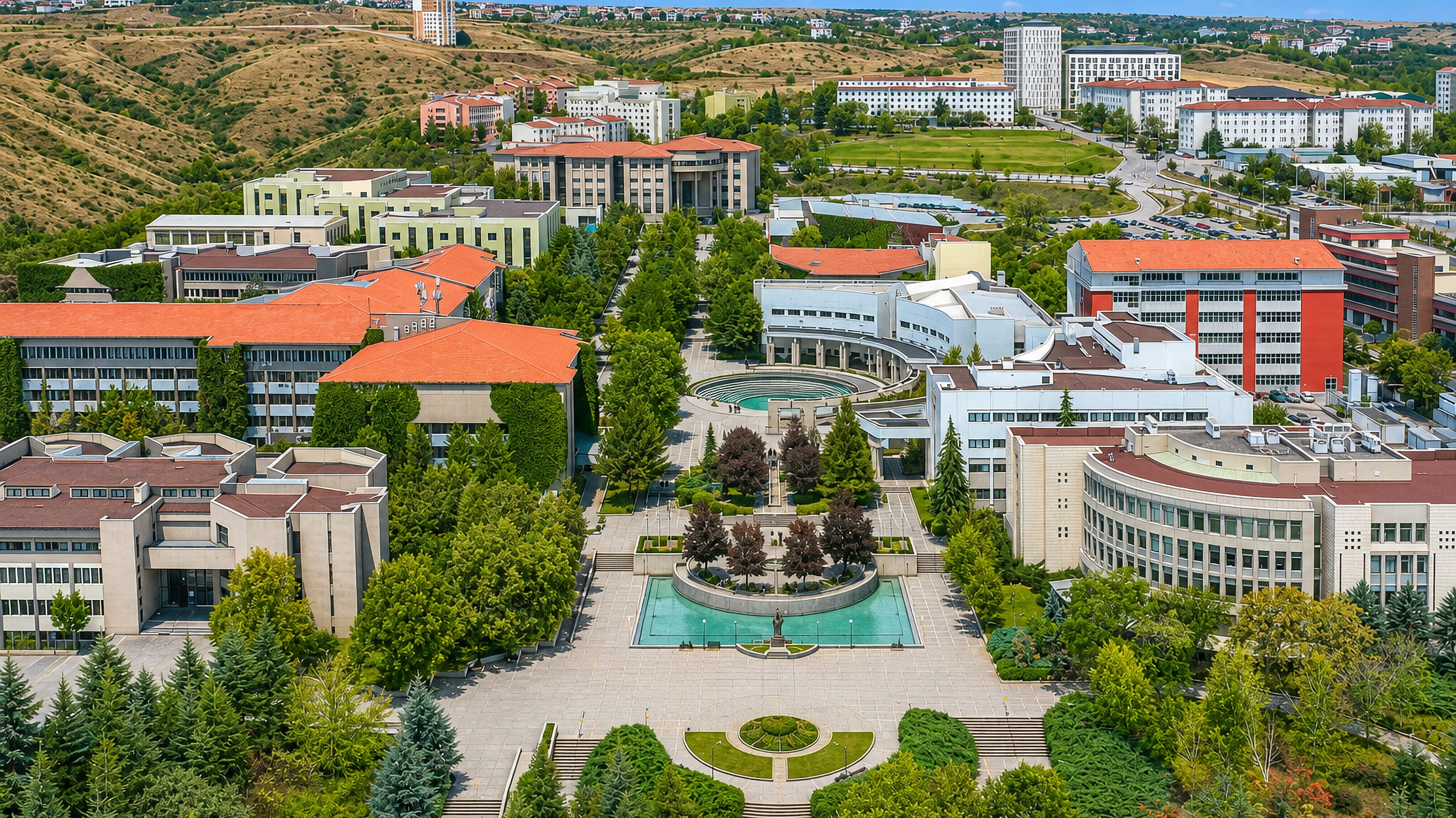 Tree-lined university campus quadrangle and fountains in Cankaya, Ankara, with dry hills rising behind.