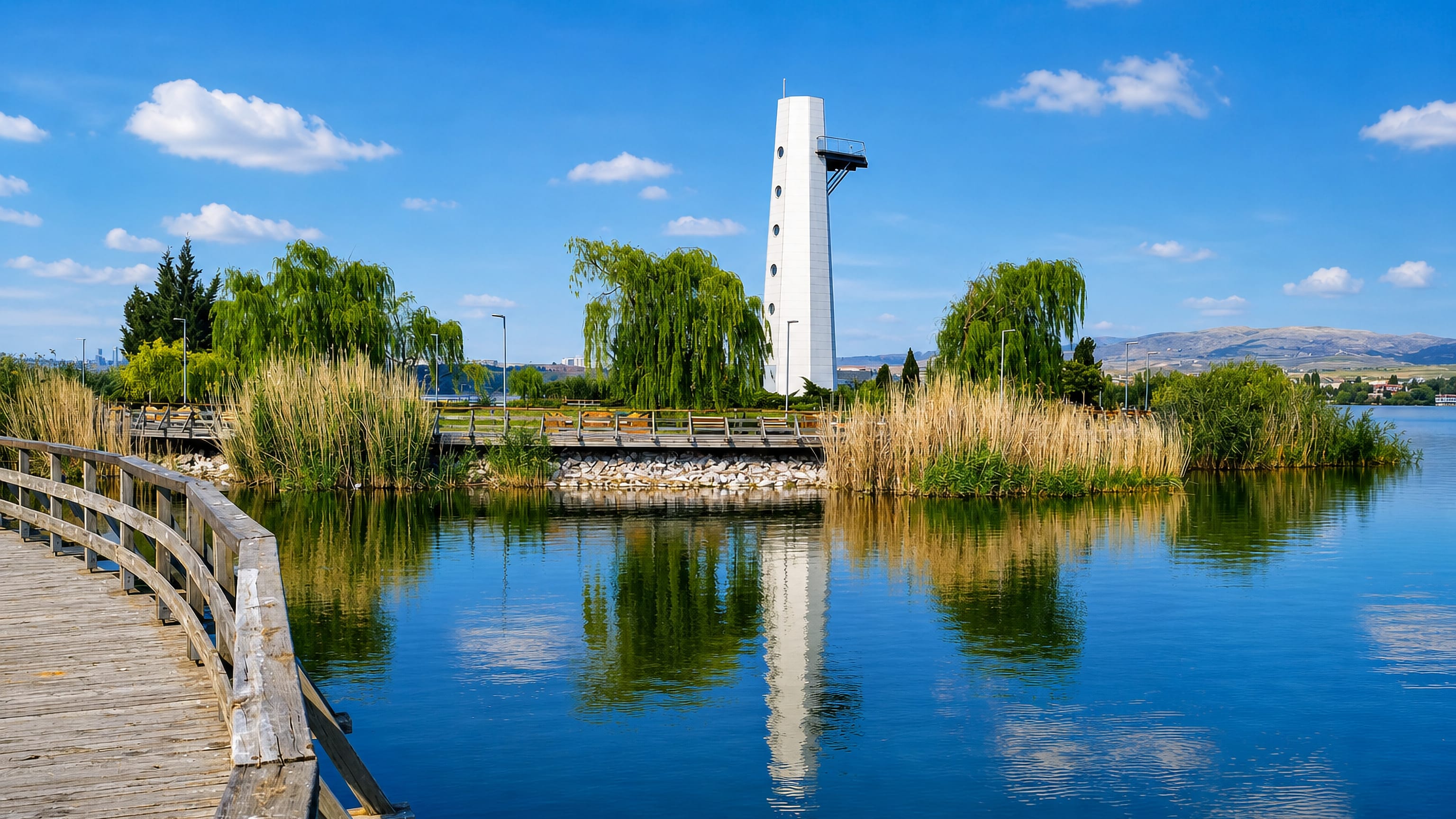 White observation tower and lakeside boardwalk among willows on Lake Mogan at Gölbaşı, Ankara.