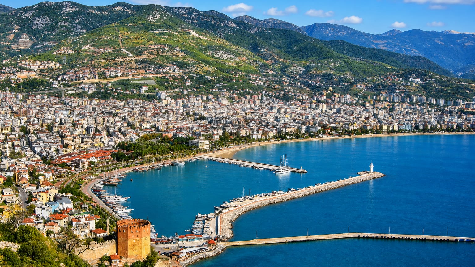 Alanya's harbour, marina and the Red Tower below green mountains on the Turkish coast