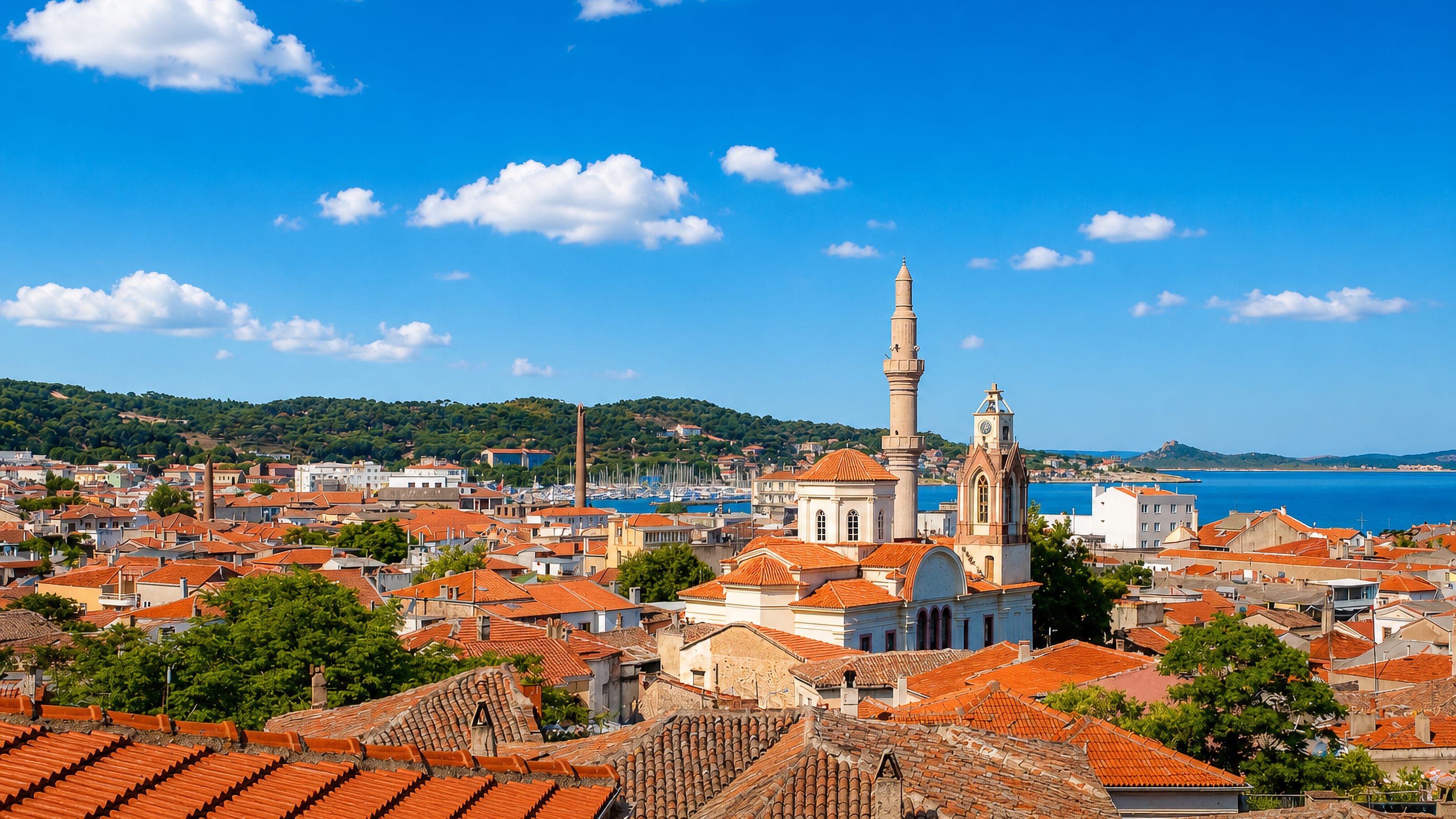 Ayvalik, Turkey, red-tiled rooftops below a minaret and stone clock tower, with the Aegean harbour beyond.