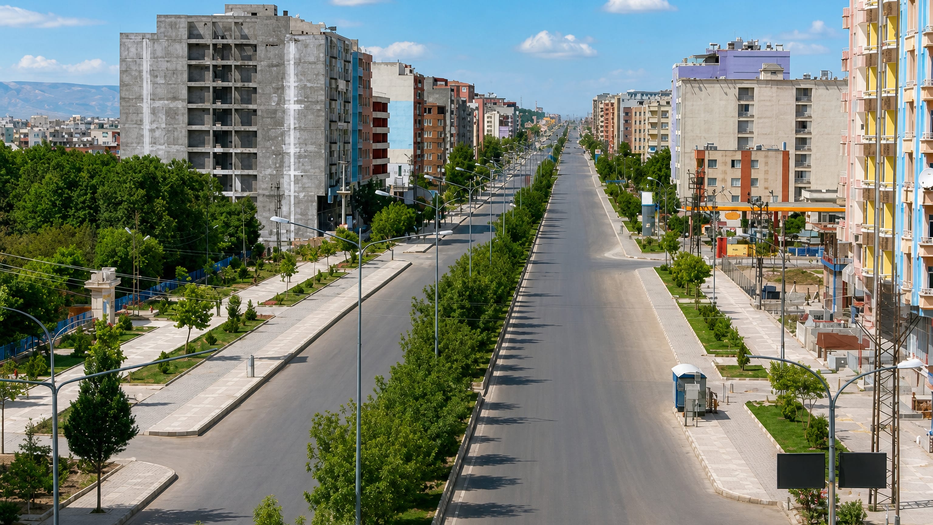 Wide tree-lined boulevard flanked by apartment blocks in Batman, Turkey, with hills on the horizon.