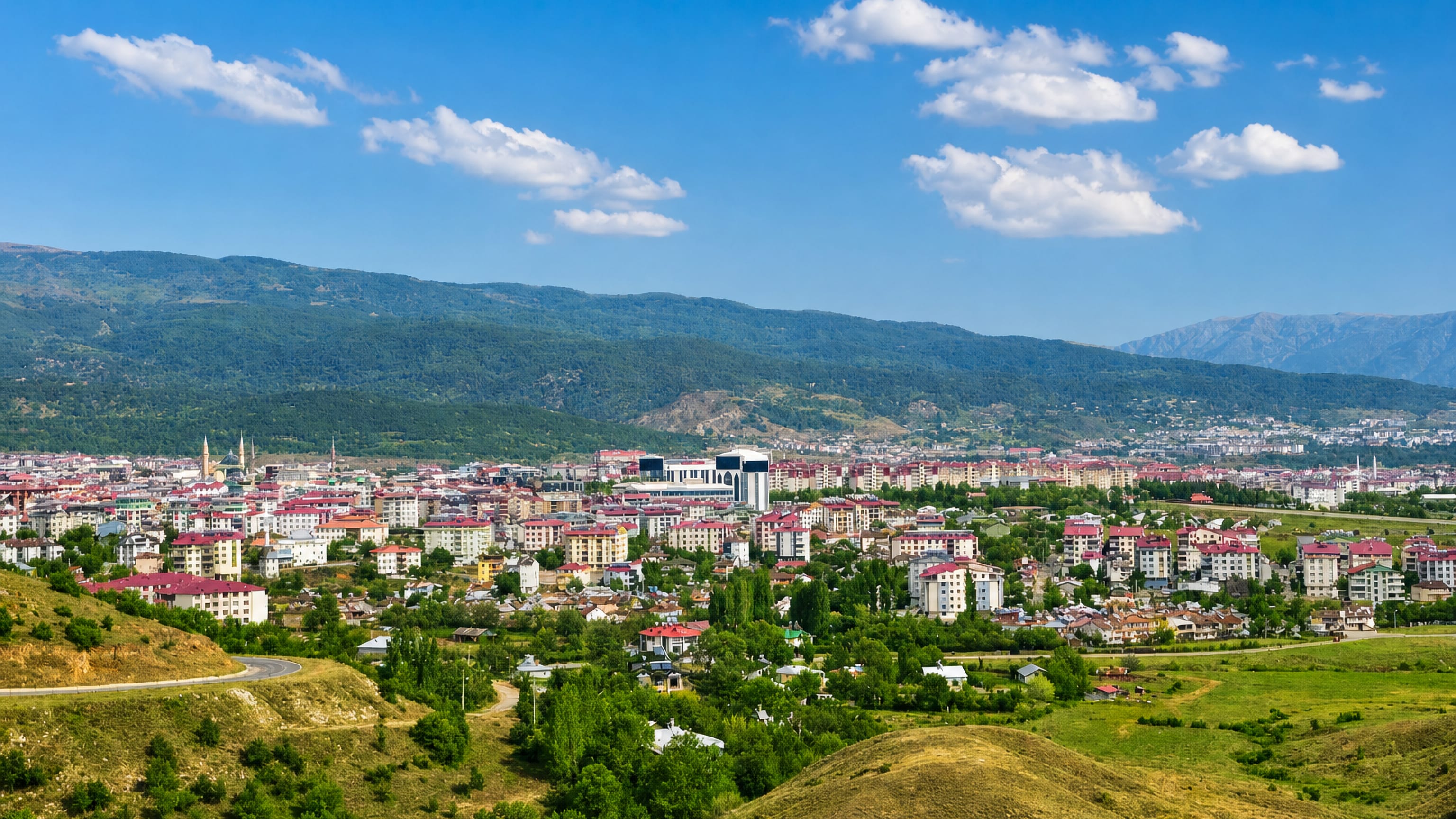 Red-roofed apartment blocks and minarets of Bingol spread across a green valley below eastern Turkey's mountains.