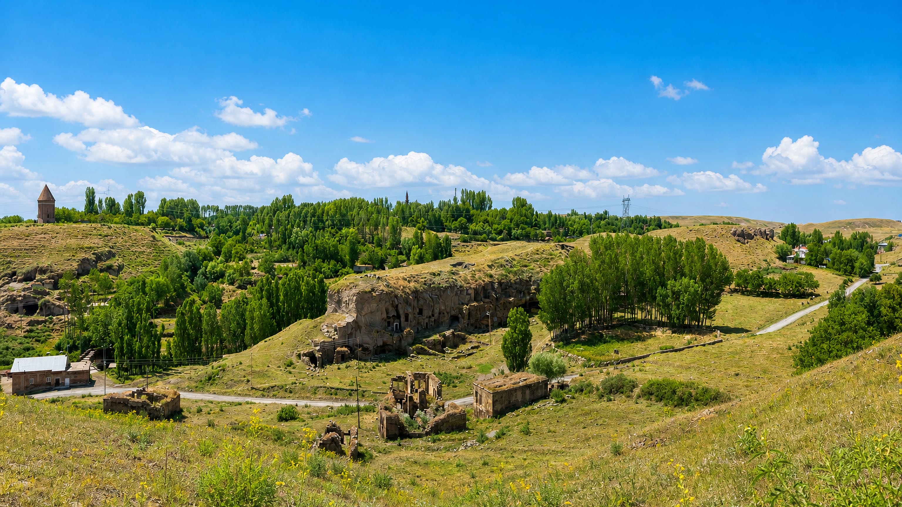 Green valley at Ahlat with a Seljuk conical-roofed tomb on the ridge and rock-cut caves above the fields.