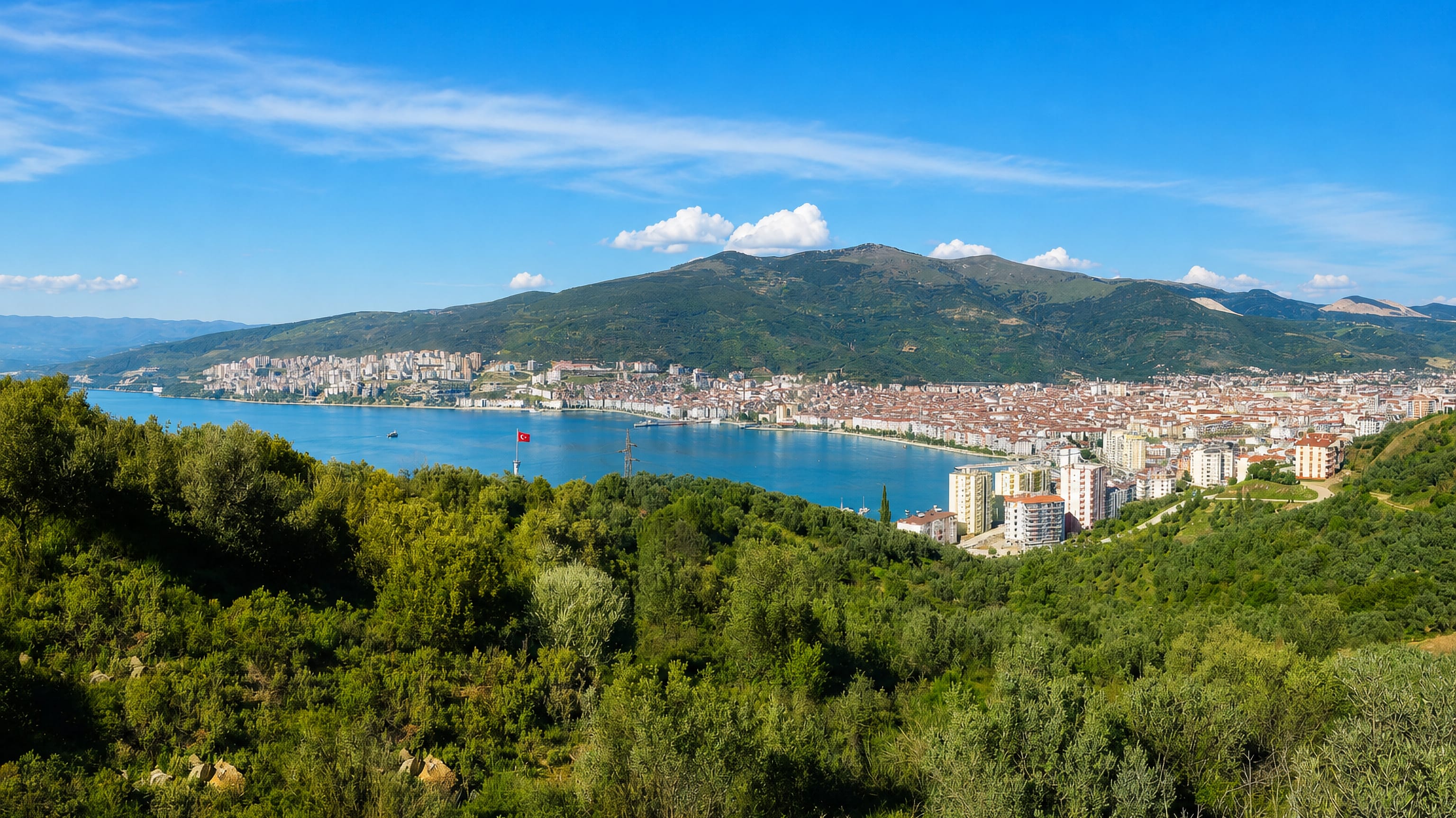 Gemlik town curving along its gulf in Bursa Province, seen over olive-covered hills