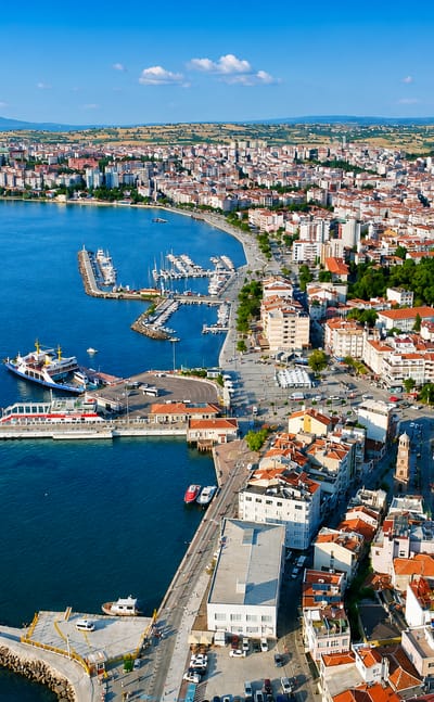 Aerial view of Çanakkale, Turkey, on the Dardanelles with its yacht marina, ferry piers and red-roofed waterfront