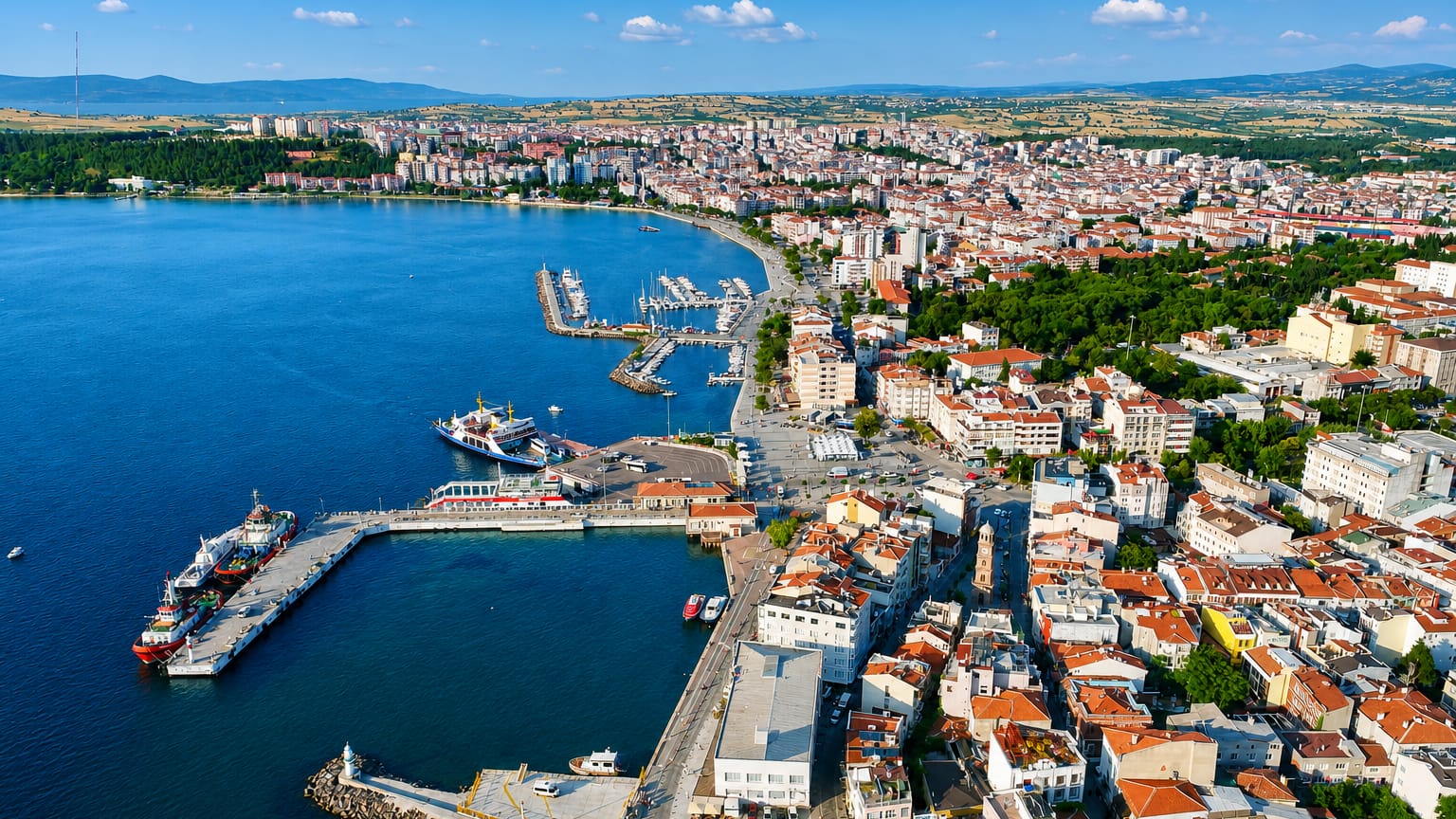 Aerial view of Çanakkale, Turkey, on the Dardanelles with its yacht marina, ferry piers and red-roofed waterfront
