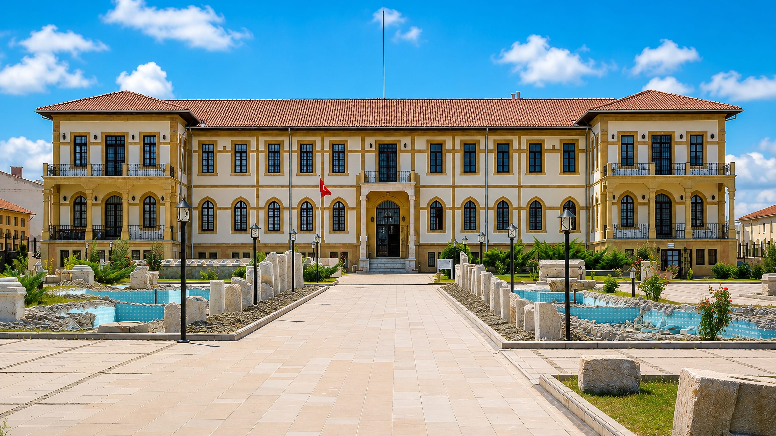 Late-Ottoman civic building in Çorum, Turkey, fronted by a paved plaza with reflecting pools and stone blocks.