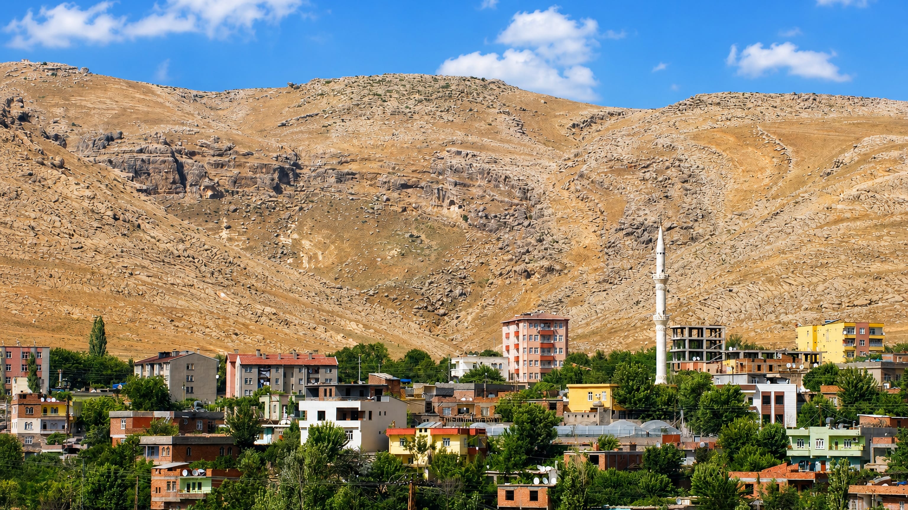 Low-rise houses and a mosque minaret below arid limestone hills in Silvan, Diyarbakir Province, Turkey