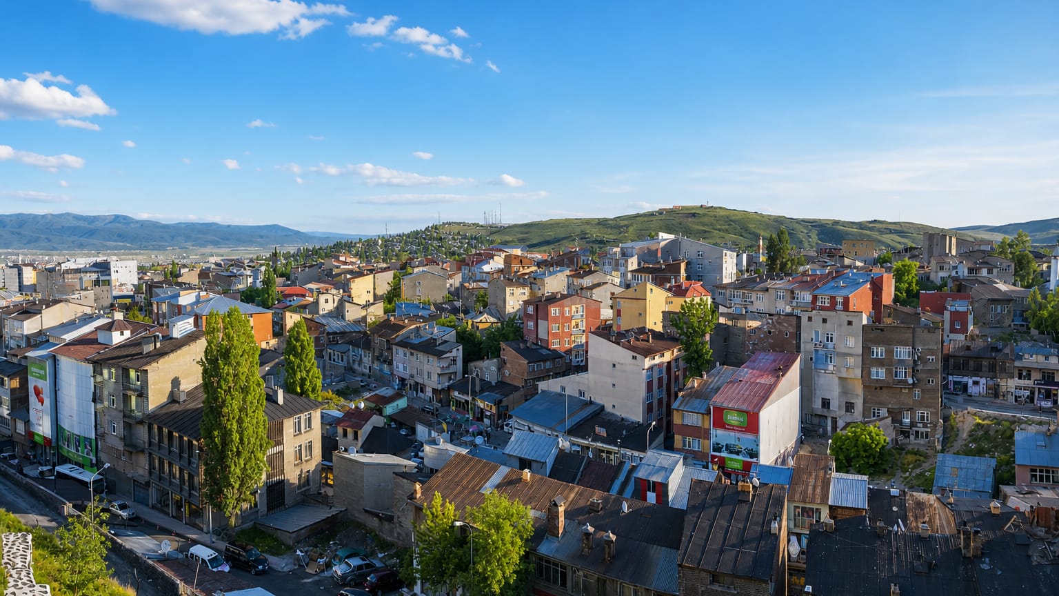 Elevated view over Erzurum's low-rise houses climbing toward green hills under a wide blue sky