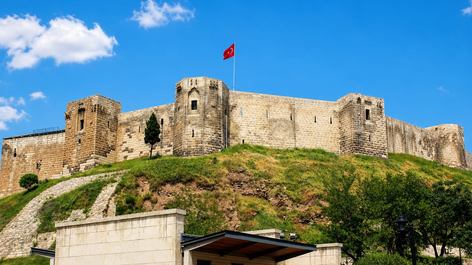 Gaziantep Castle flying the Turkish flag atop its grassy hill, Gaziantep, Turkey